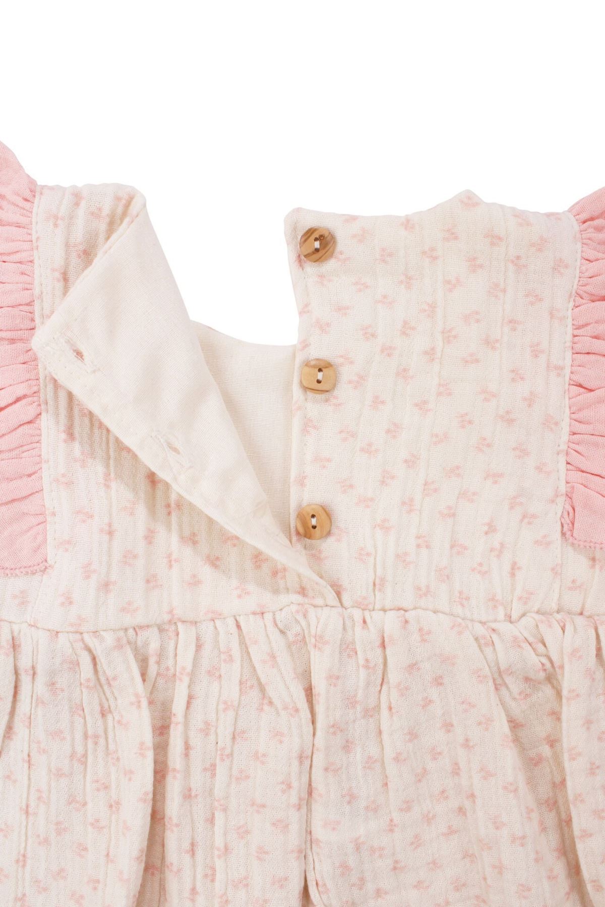 Kız Bebek Ekru Pembe Kolları Fırfırlı Fisto Fiyonklu Desenli Şortlu Müslin 2'li Takım