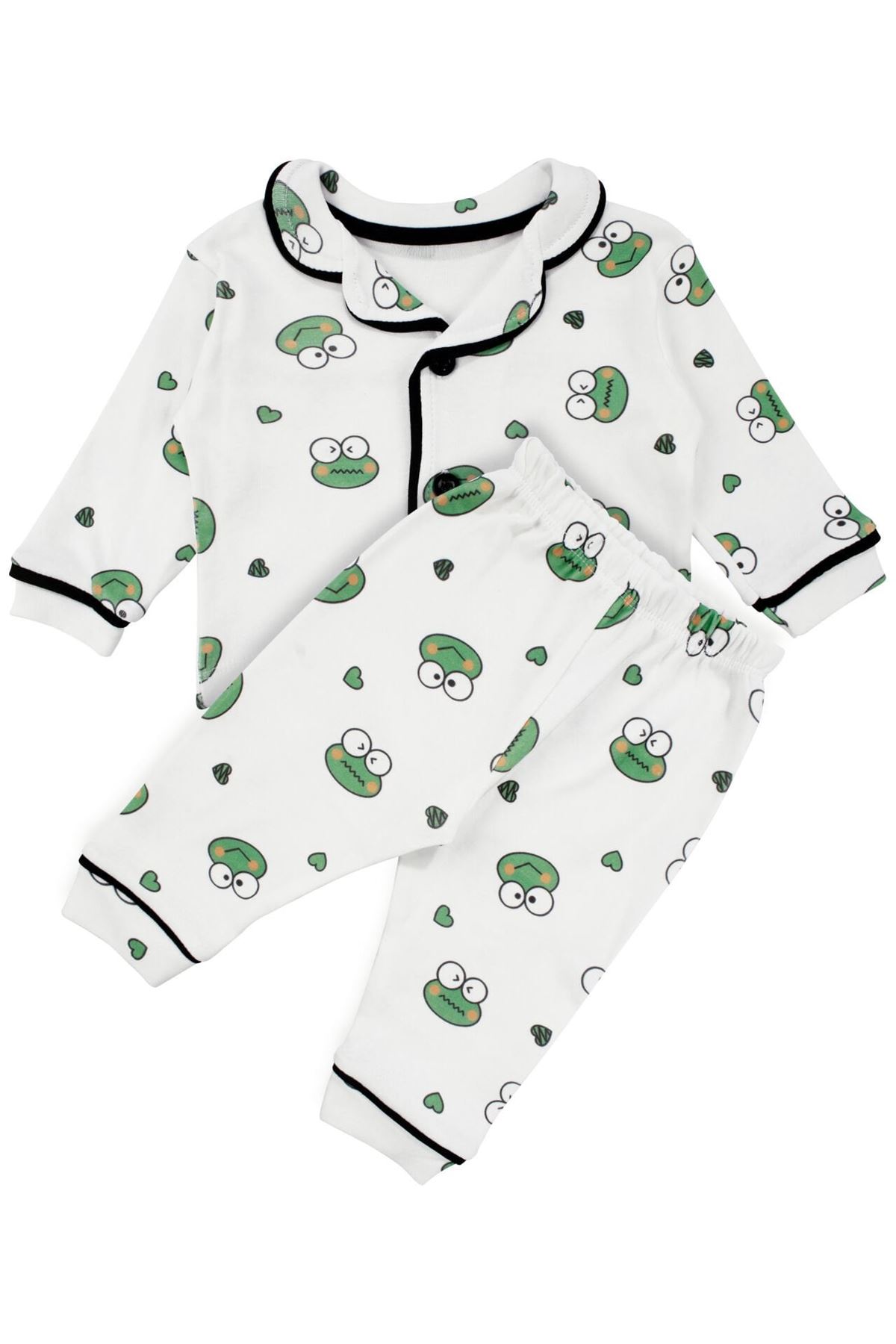 Unisex Ekru Yeşil Kurbağa Desenli Kruvaze Yaka Pijama Takımı