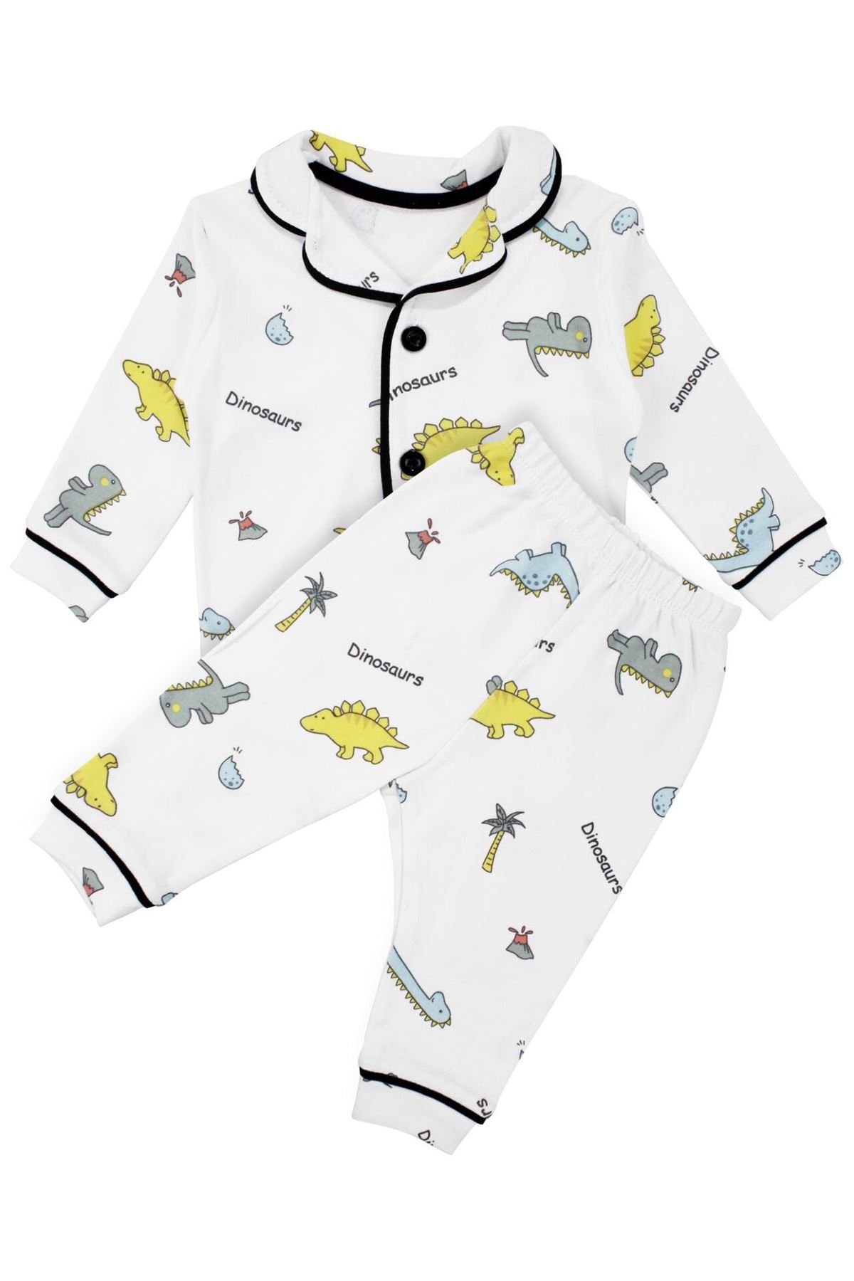 Unisex Ekru Renkli Dinazor Desenli Kruvaze Yaka Pijama Takımı