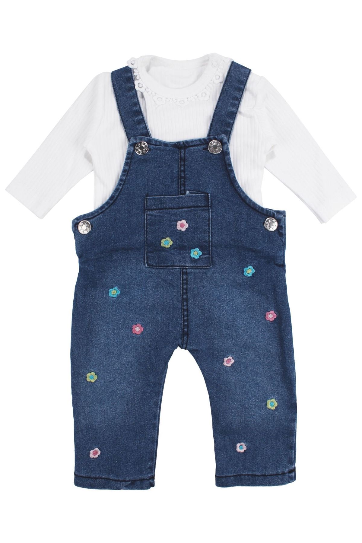 Kız Bebek Ekru Mavi Renkli Çiçek Nakışlı Badili Kot Salopet Tulum