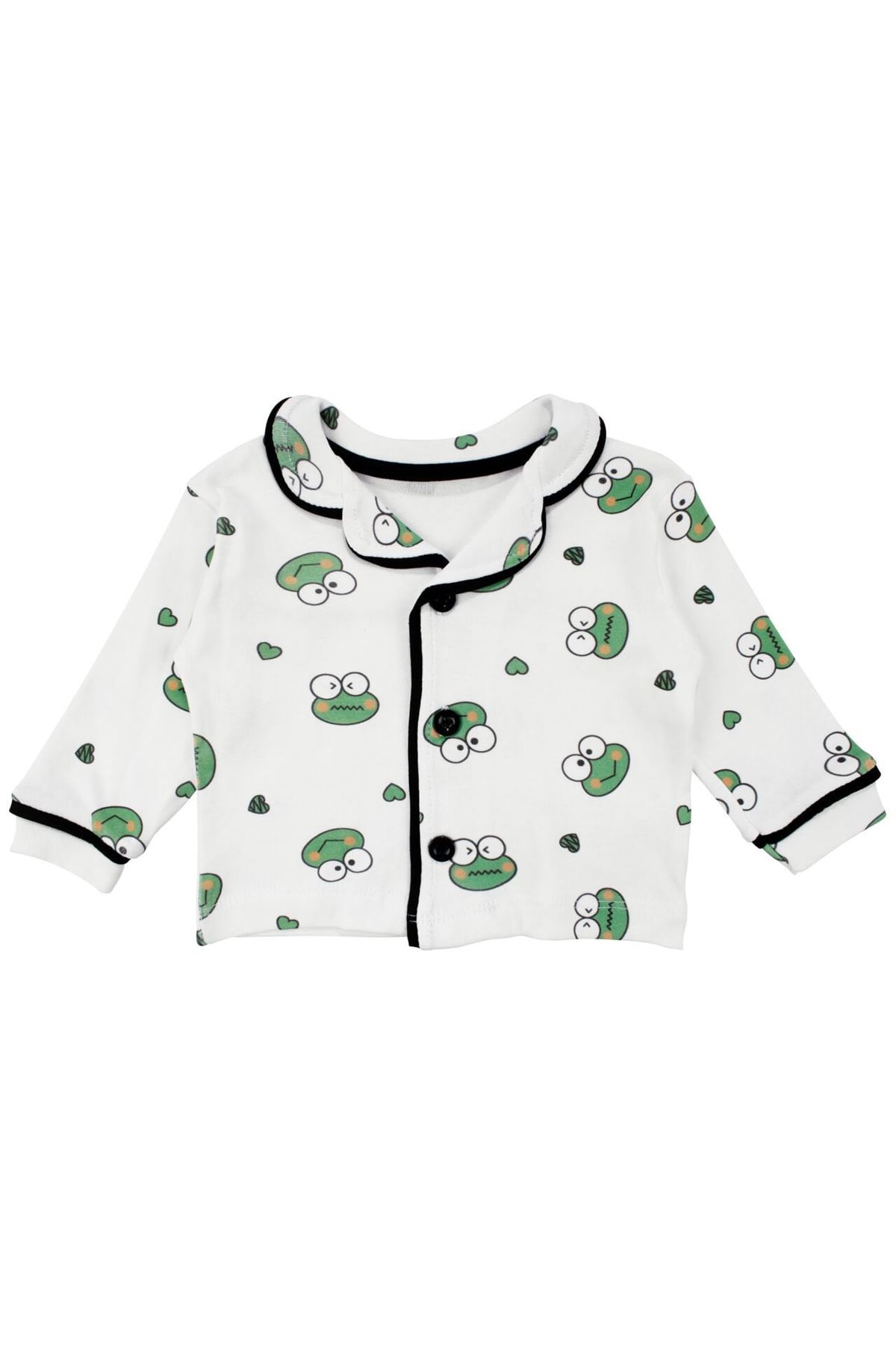 Unisex Ekru Yeşil Kurbağa Desenli Kruvaze Yaka Pijama Takımı