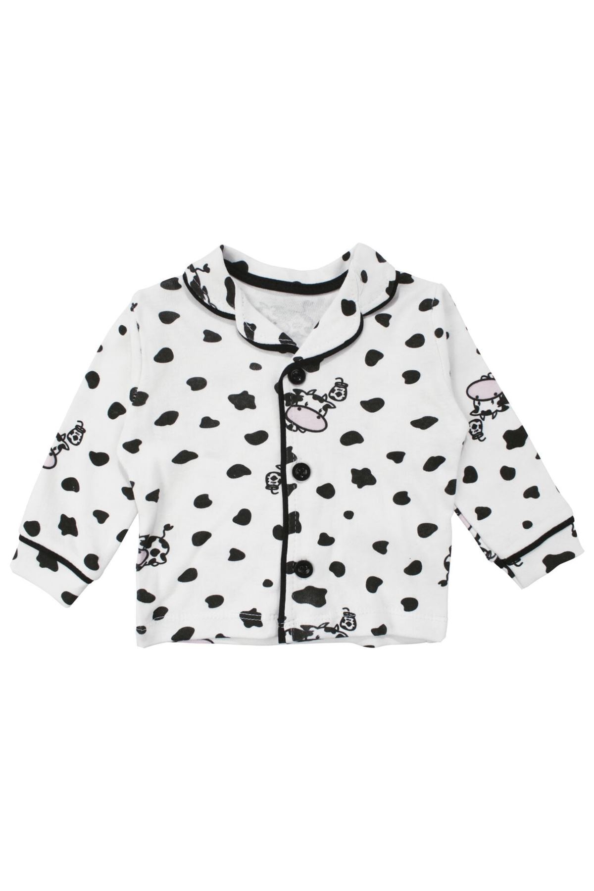 Unisex Ekru Siyah İnek Desenli Kruvaze Yaka Pijama Takımı