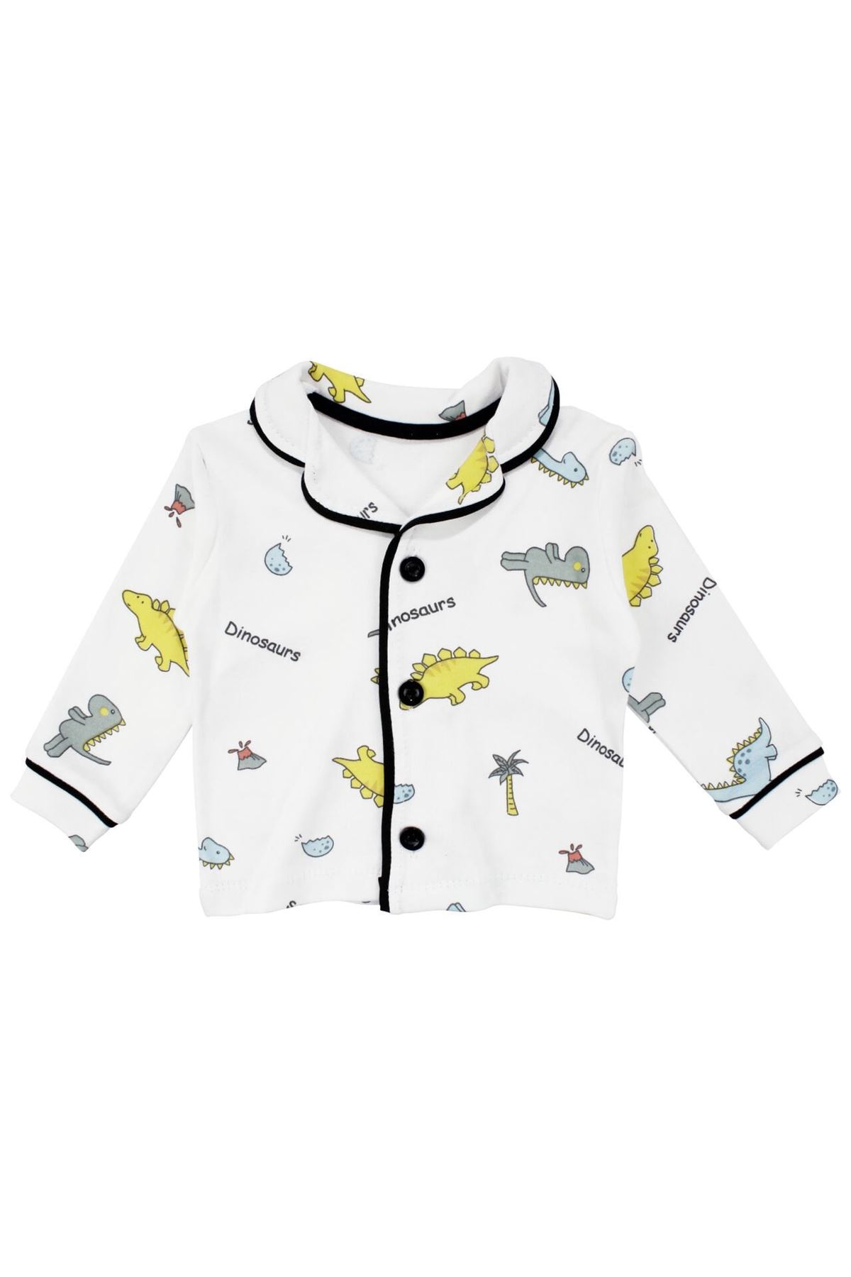 Unisex Ekru Renkli Dinazor Desenli Kruvaze Yaka Pijama Takımı