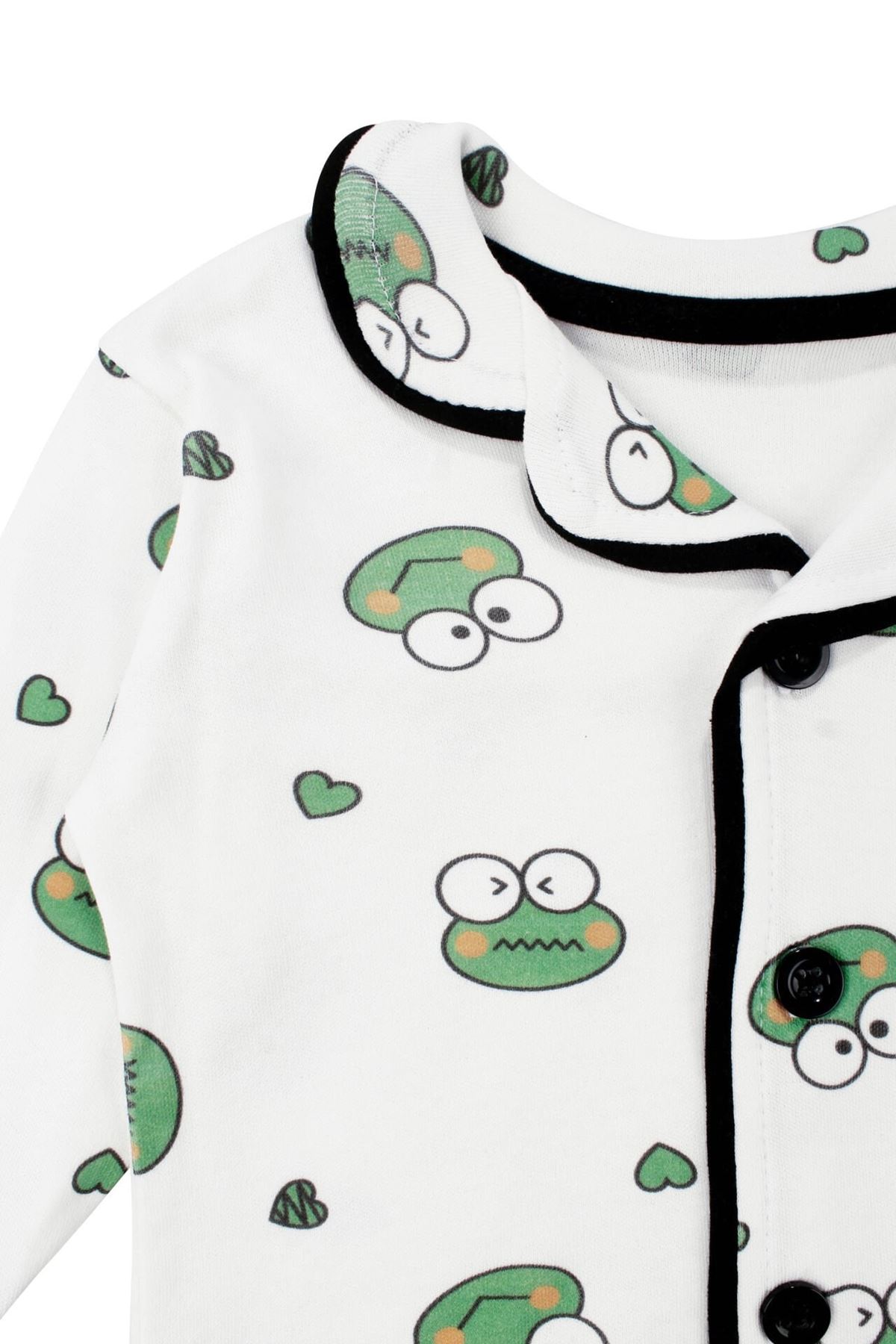 Unisex Ekru Yeşil Kurbağa Desenli Kruvaze Yaka Pijama Takımı