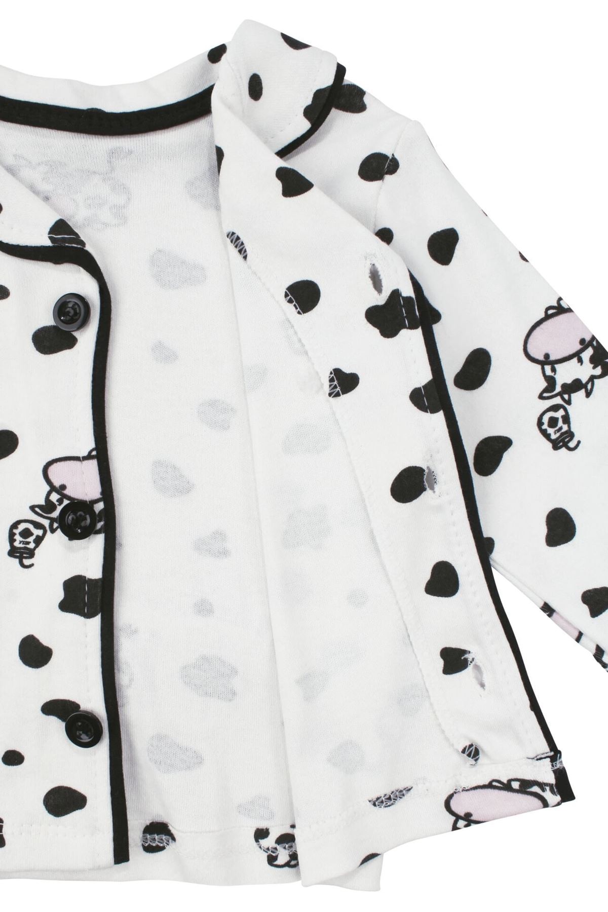 Unisex Ekru Siyah İnek Desenli Kruvaze Yaka Pijama Takımı