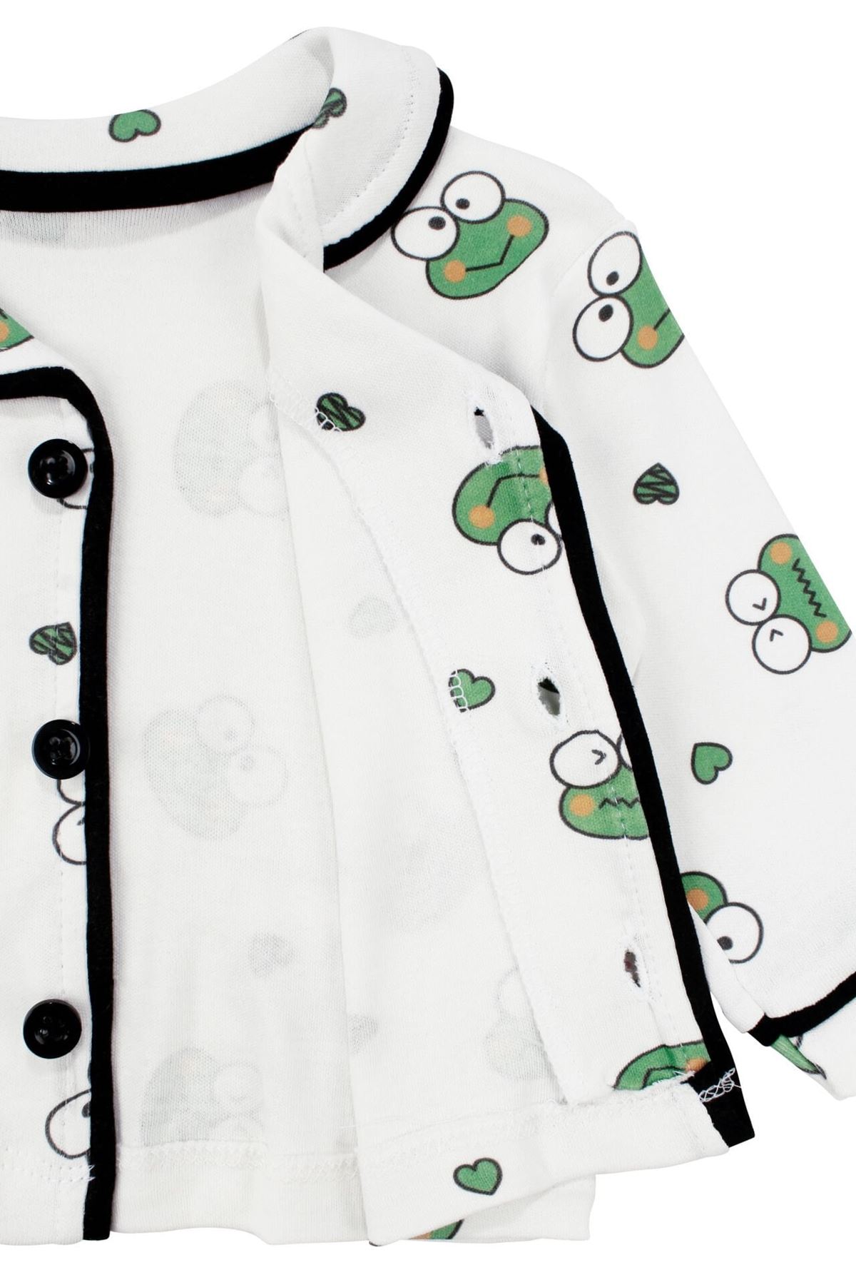 Unisex Ekru Yeşil Kurbağa Desenli Kruvaze Yaka Pijama Takımı