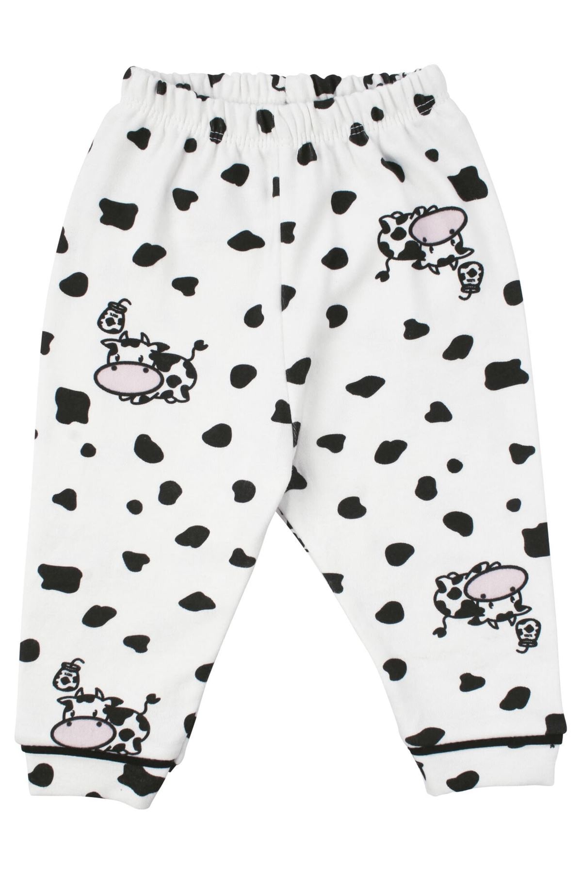 Unisex Ekru Siyah İnek Desenli Kruvaze Yaka Pijama Takımı