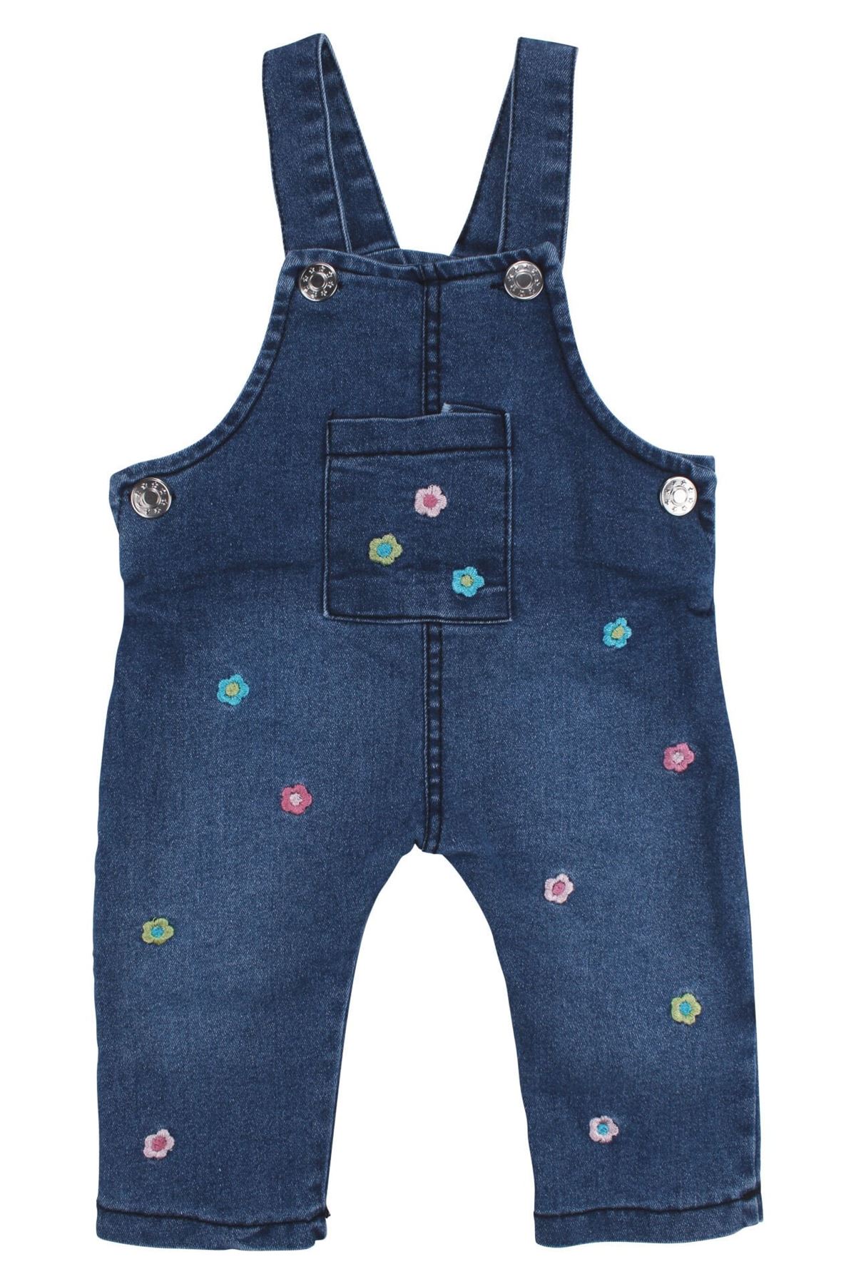 Kız Bebek Ekru Mavi Renkli Çiçek Nakışlı Badili Kot Salopet Tulum