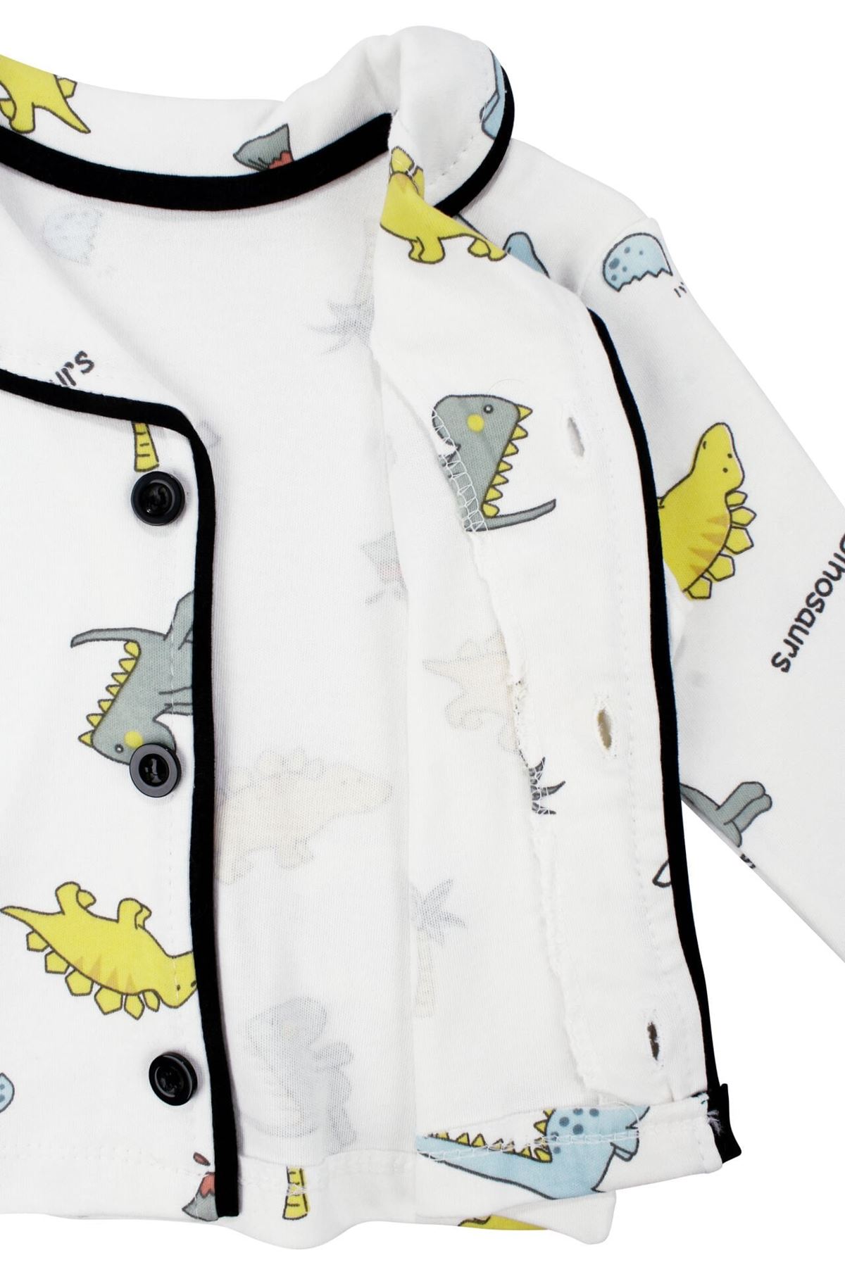 Unisex Ekru Renkli Dinazor Desenli Kruvaze Yaka Pijama Takımı