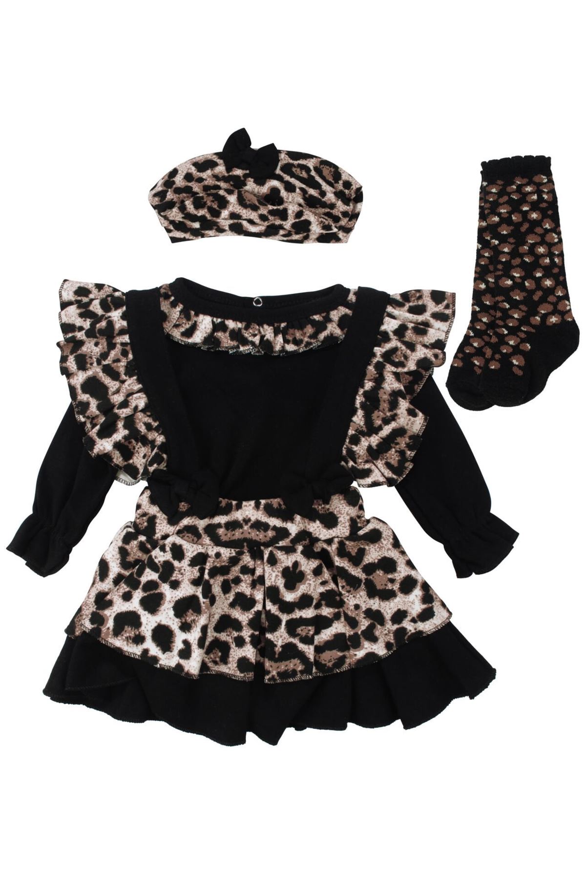 Kız Bebek Siyah Kahve Leopar Desenli Zıbınlı Salopet 4'lü Takım