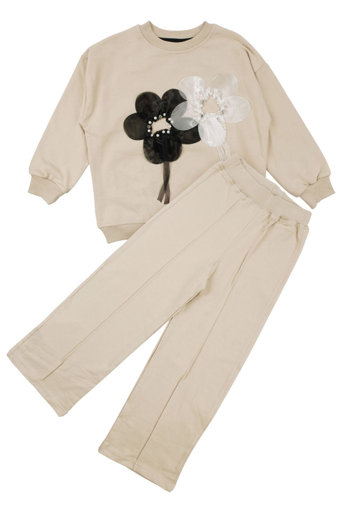 Kız Çocuk Bej Siyah Tüllü Çiçekli İncili 2'li Takım