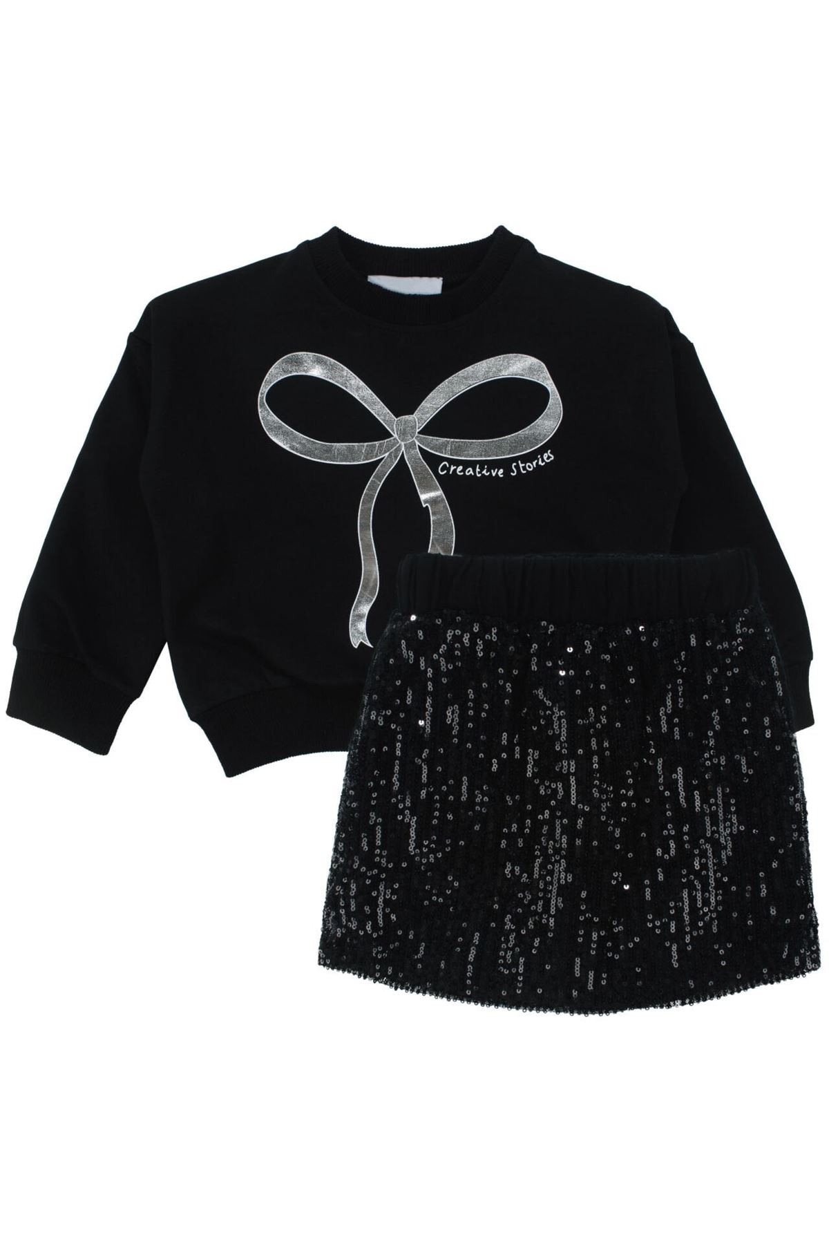 Kız Çocuk Siyah Parlak Fiyonk Desenli Payet Etekli 2'li Takım
