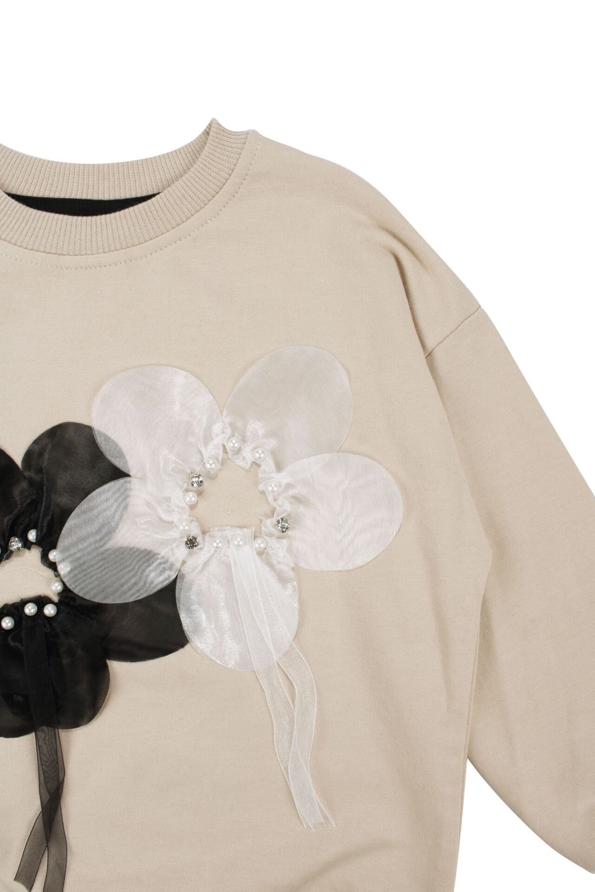 Kız Çocuk Bej Siyah Tüllü Çiçekli İncili 2'li Takım