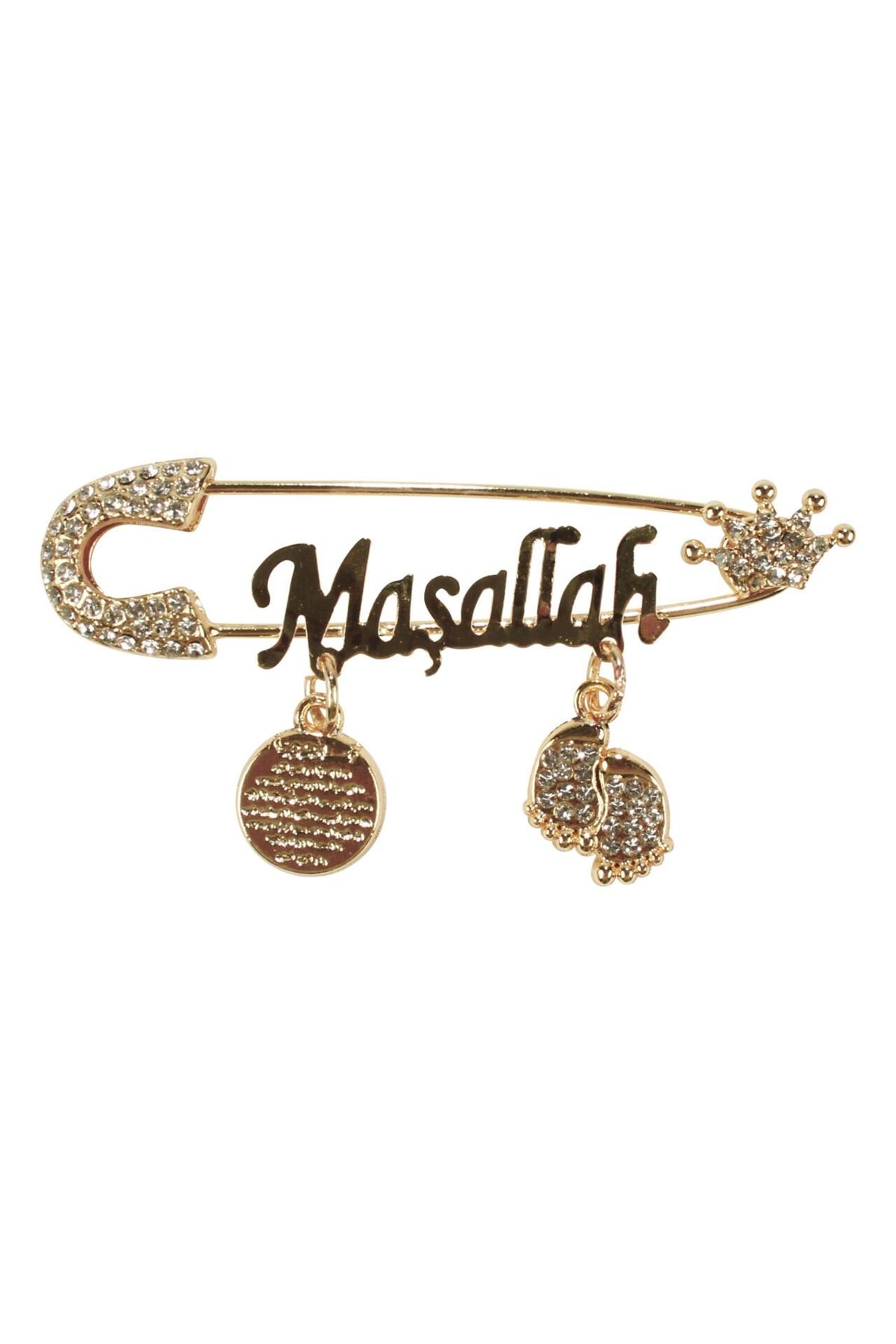 Unisex Beyaz Taşlı Gold Maşallah Yazılı Bebek Yaka İğnesi