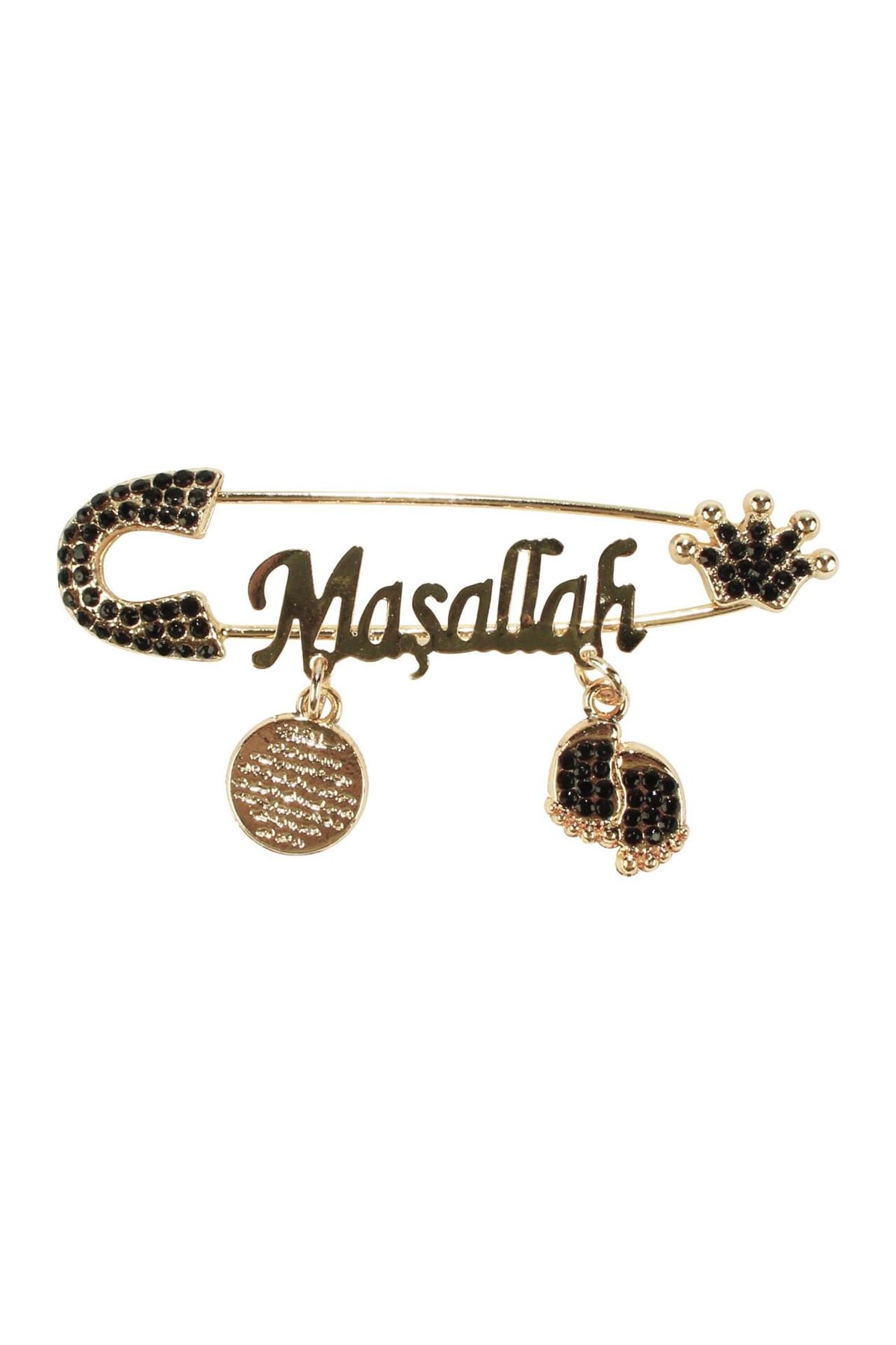 Unisex Siyah Taşlı Gold Maşallah Yazılı Bebek Yaka İğnesi
