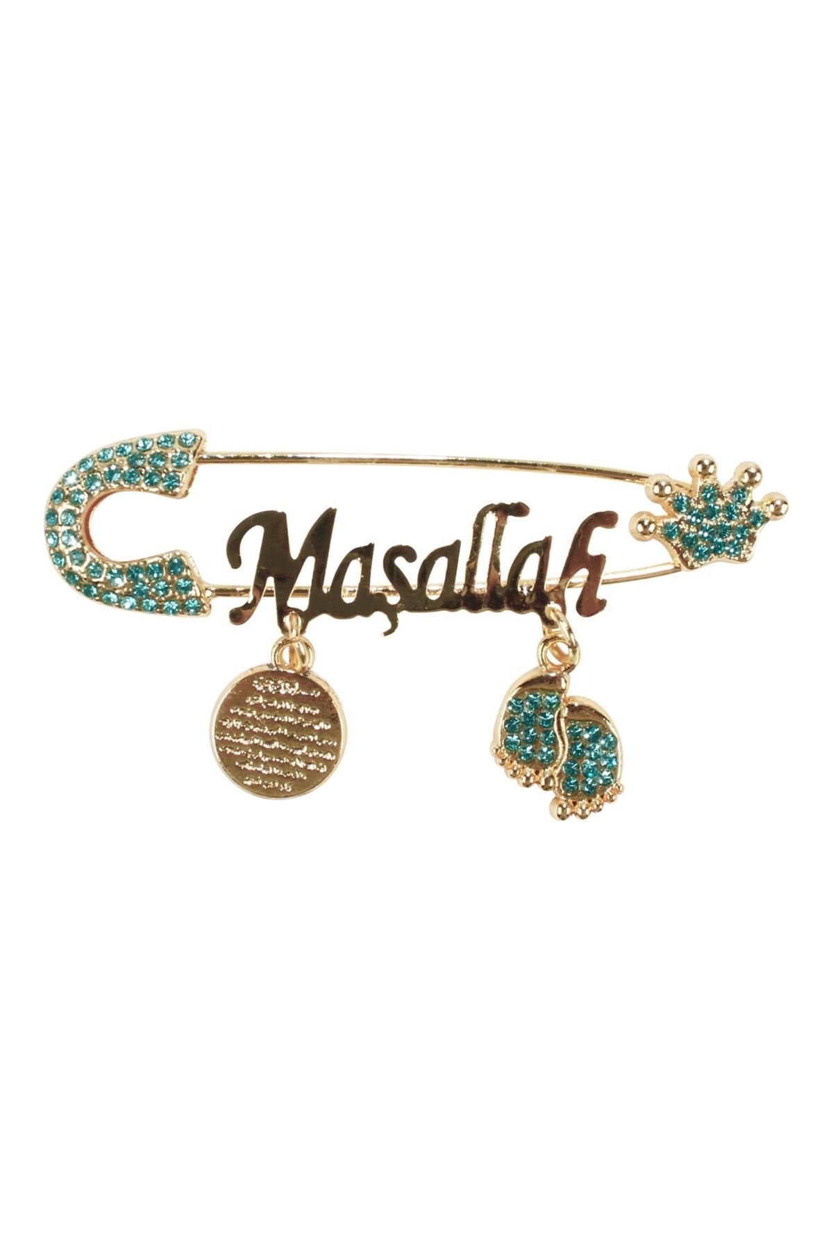 Unisex Mavi Taşlı Gold Maşallah Yazılı Bebek Yaka İğnesi