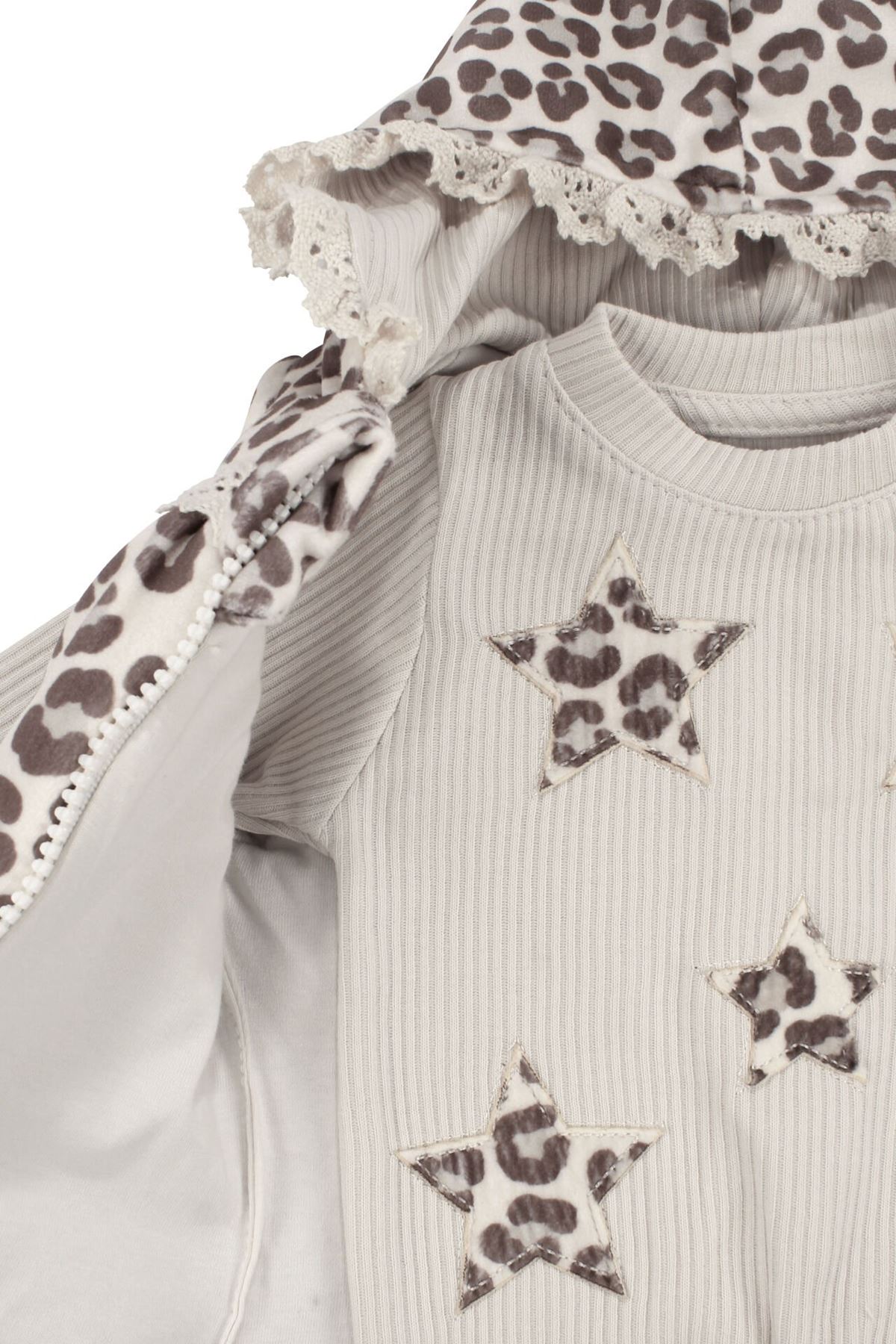 Kız Bebek Bej Kahve Leopar Desenli Nakışlı Şişme Yelekli Lüks 3'lü Takım