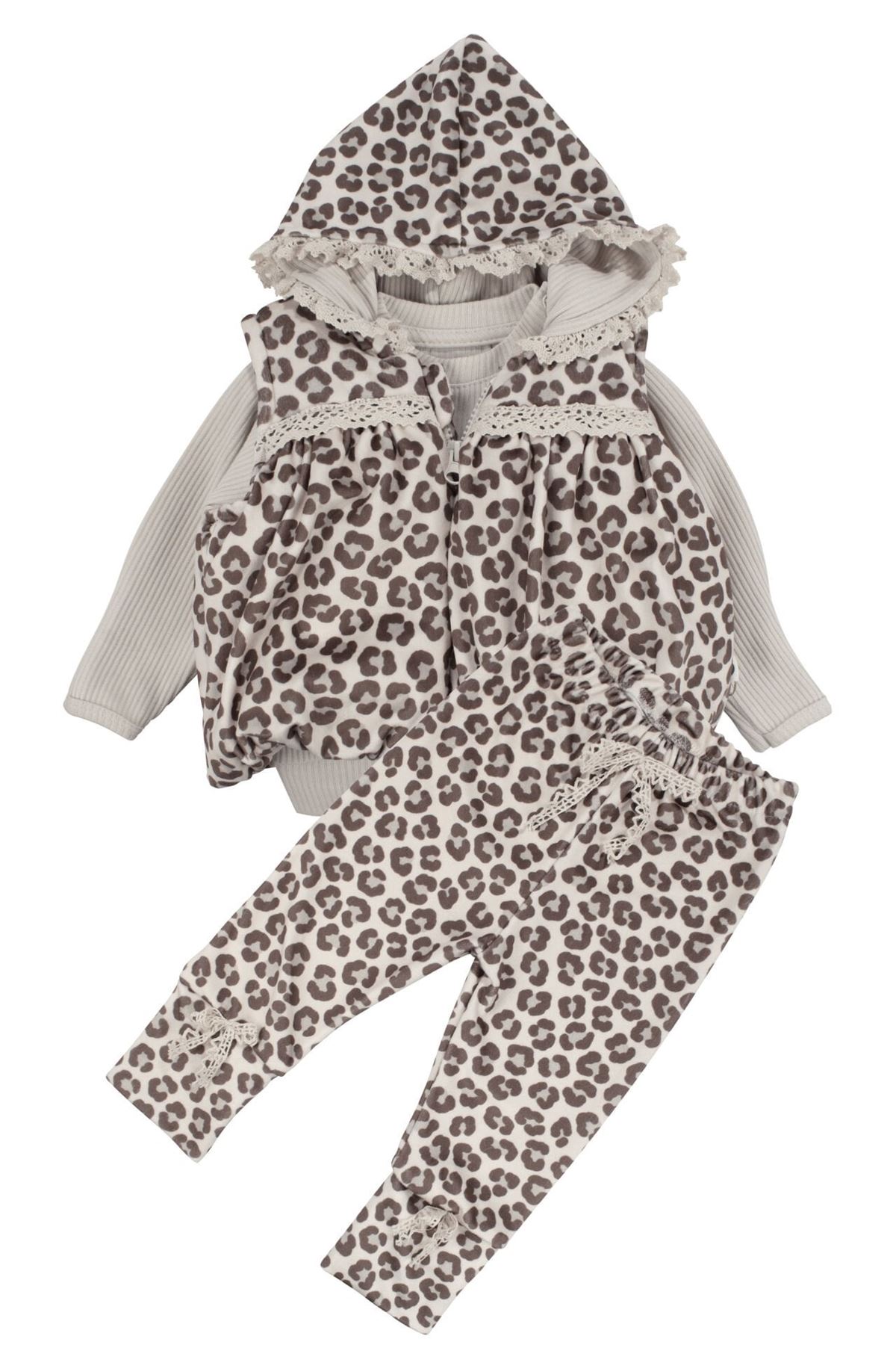 Kız Bebek Bej Kahve Leopar Desenli Nakışlı Şişme Yelekli Lüks 3'lü Takım