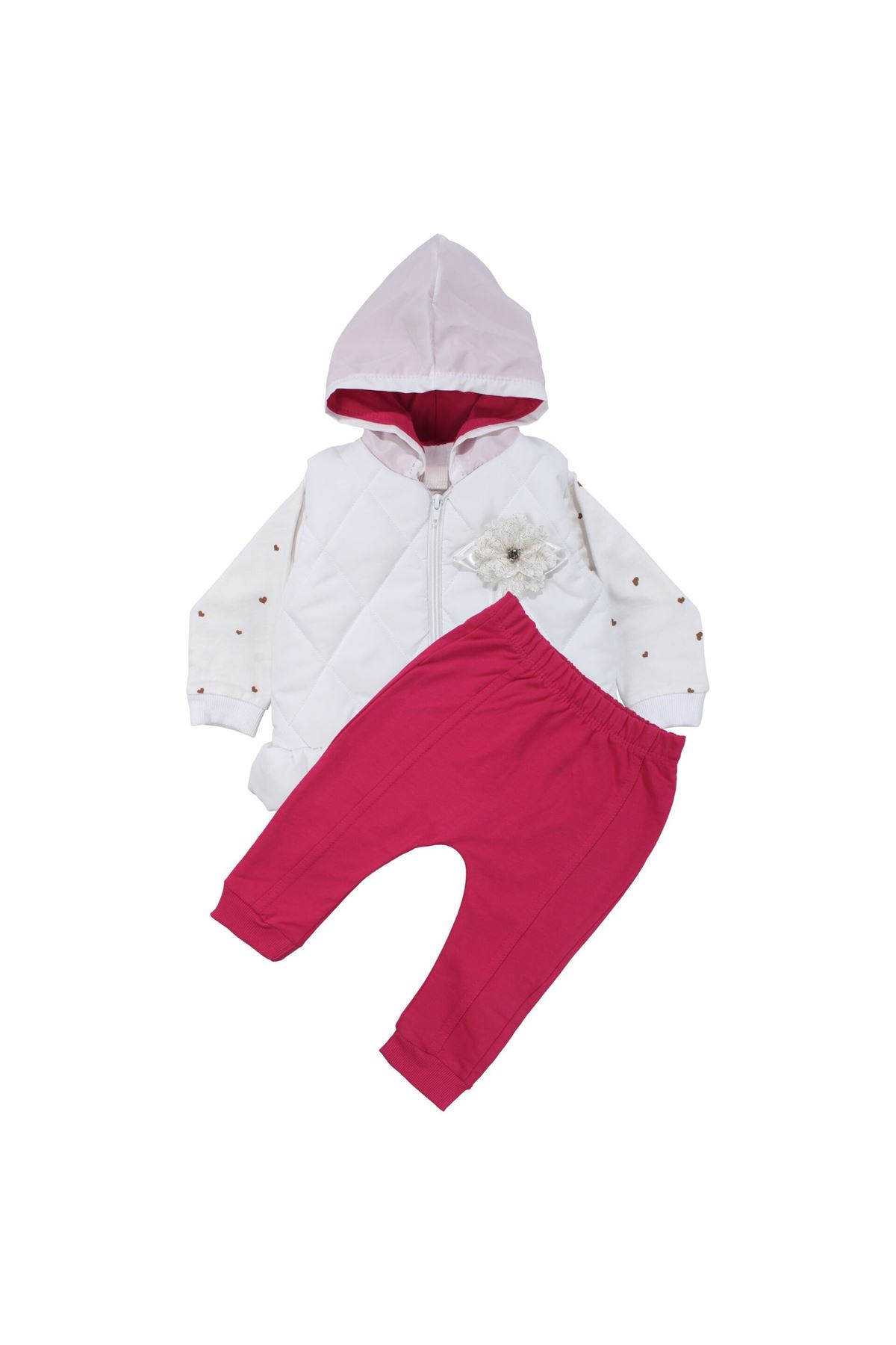 Kız Bebek Broşlu Beyaz Şişme Yelekli Kalpli Badili Üçlü Lüks Takım