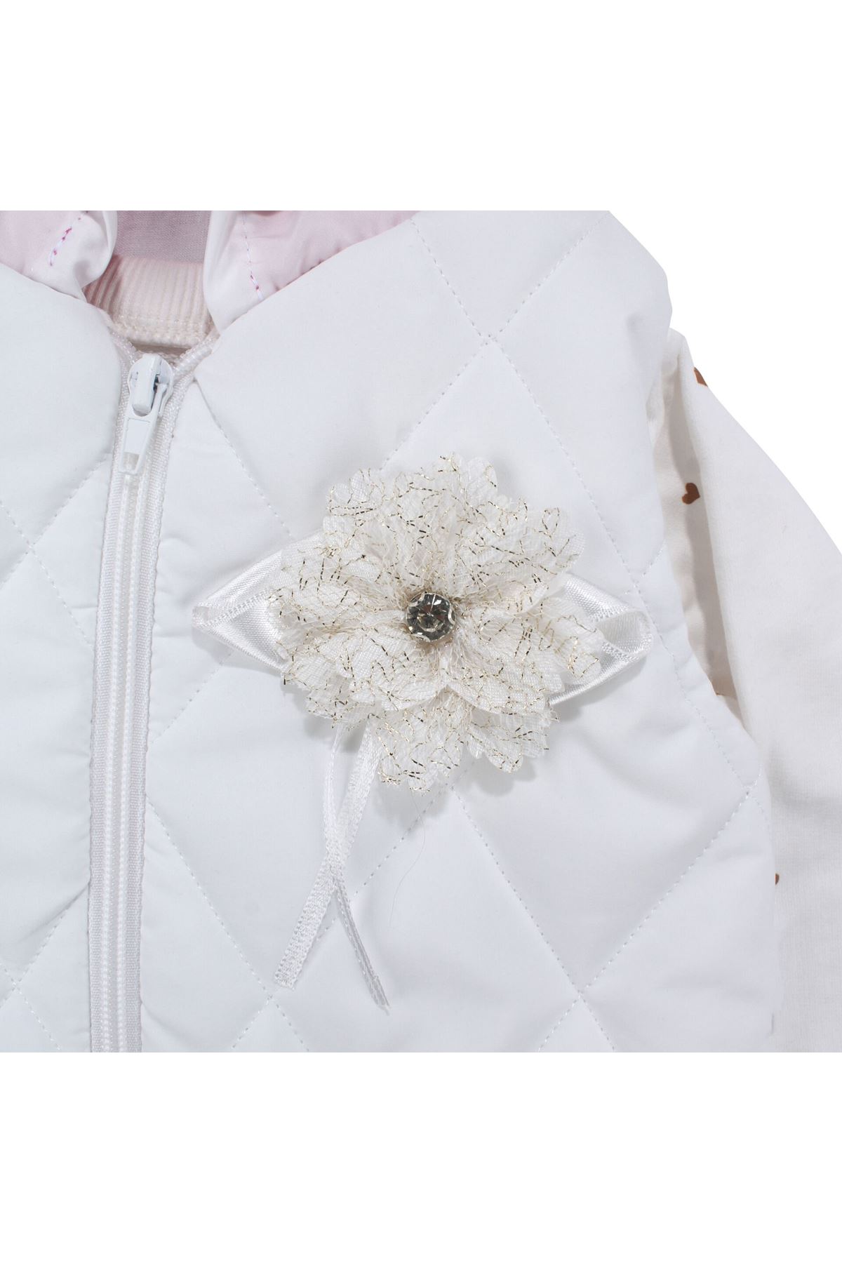 Kız Bebek Broşlu Beyaz Şişme Yelekli Kalpli Badili Üçlü Lüks Takım