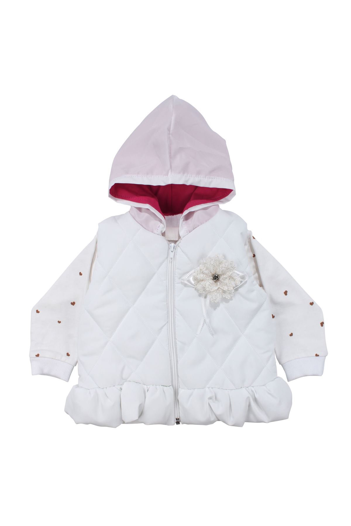 Kız Bebek Broşlu Beyaz Şişme Yelekli Kalpli Badili Üçlü Lüks Takım