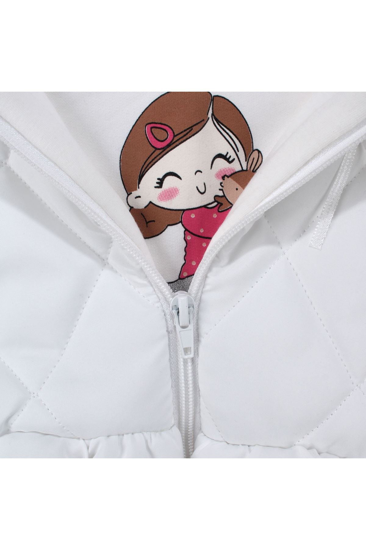 Kız Bebek Broşlu Beyaz Şişme Yelekli Kalpli Badili Üçlü Lüks Takım