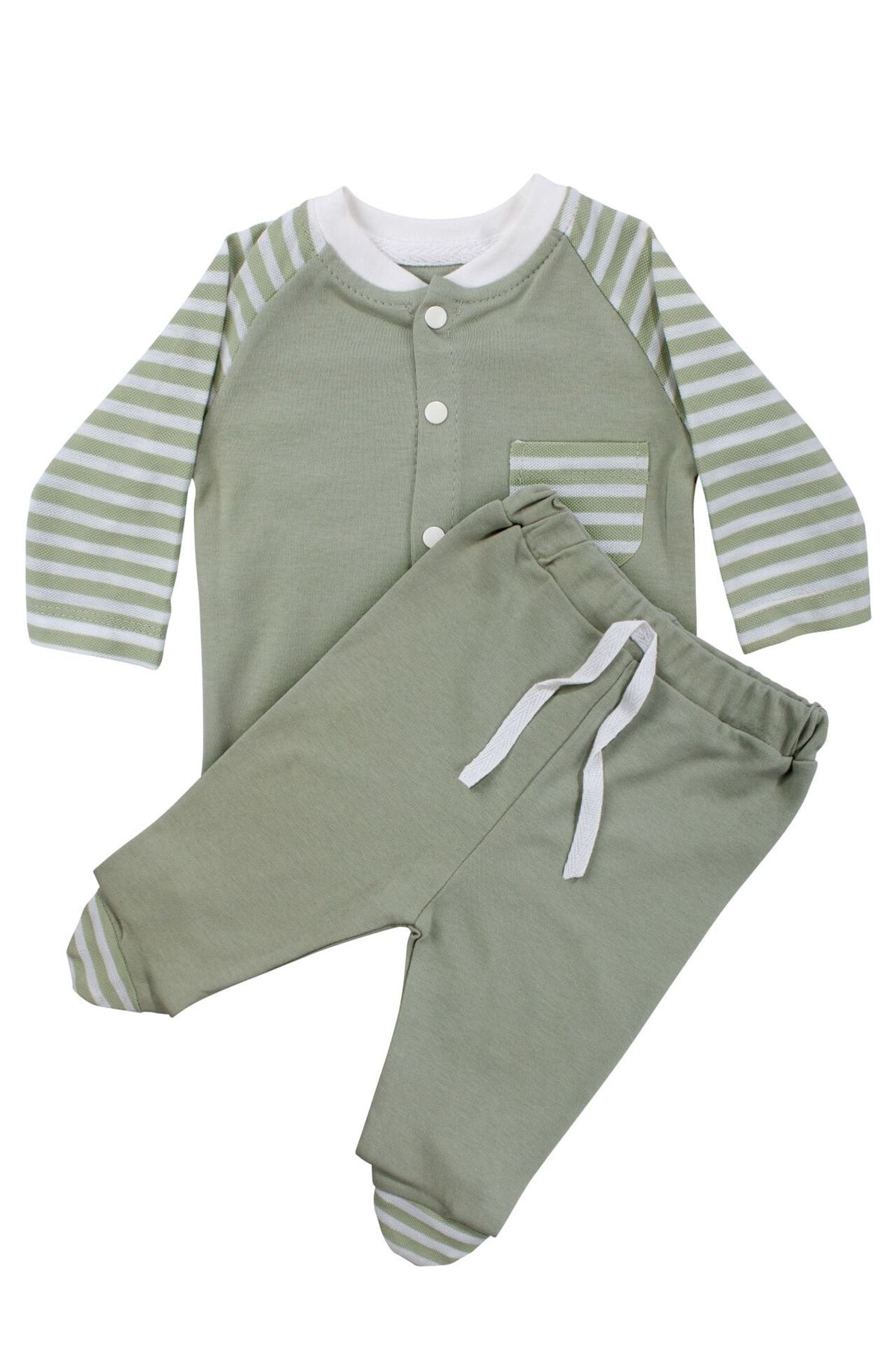 Unisex Yeşil Ekru Çizgili Cepli 2'li Takım