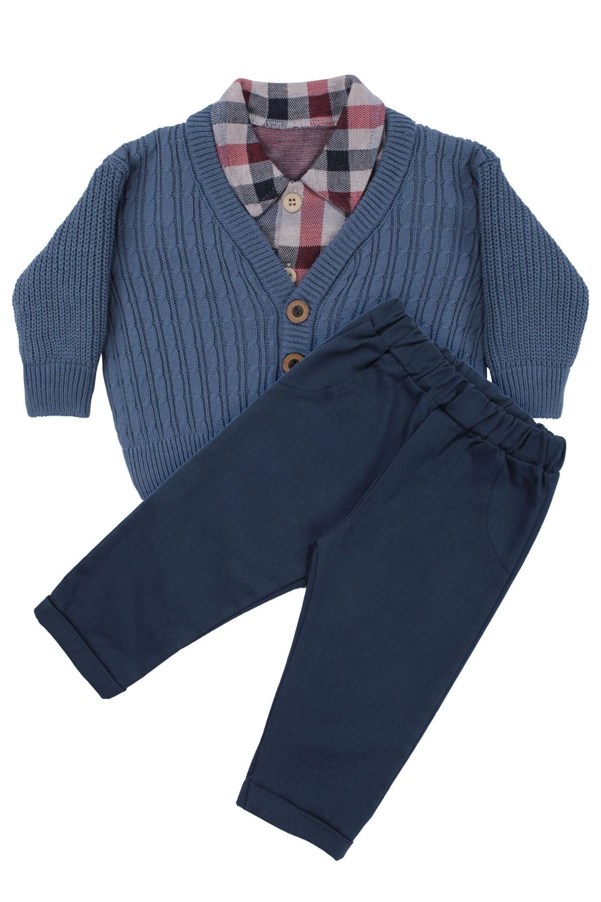 Erkek Bebek Ekose Gömlekli Lacivert Triko Hırkalı Üçlü Lüks Takım