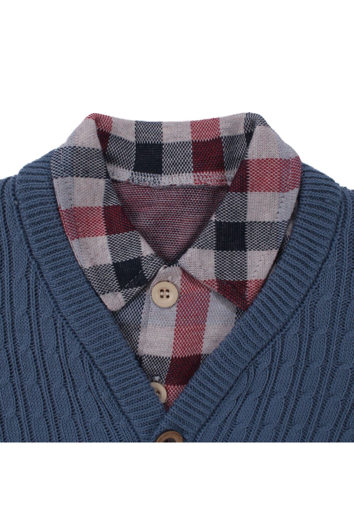 Erkek Bebek Ekose Gömlekli Lacivert Triko Hırkalı Üçlü Lüks Takım