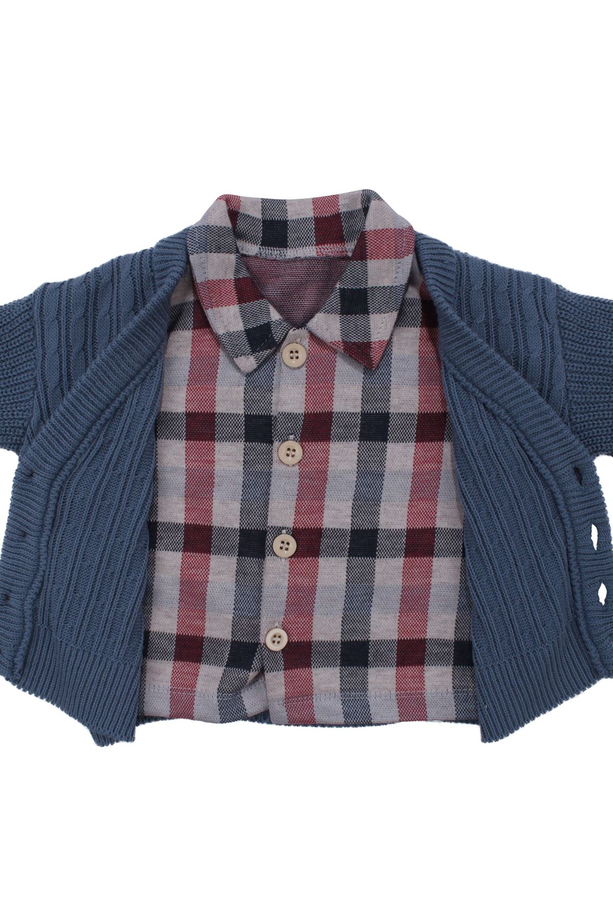 Erkek Bebek Ekose Gömlekli Lacivert Triko Hırkalı Üçlü Lüks Takım