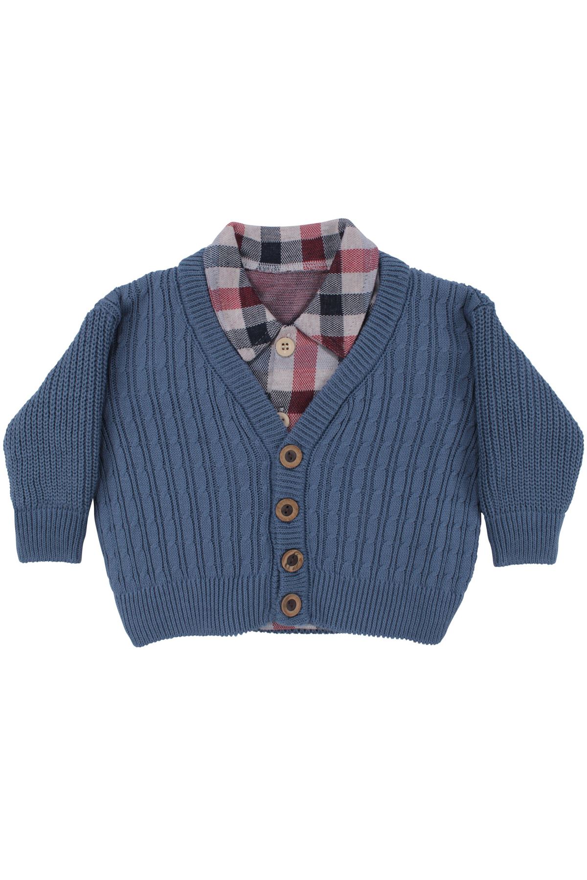 Erkek Bebek Ekose Gömlekli Lacivert Triko Hırkalı Üçlü Lüks Takım