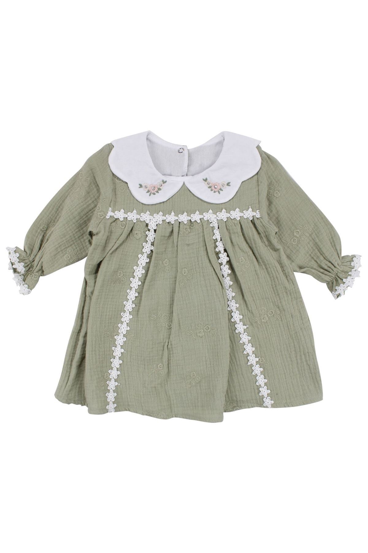 Kız Bebek Yeşil Nakışlı Yakalı Fistolu Müslin Elbise