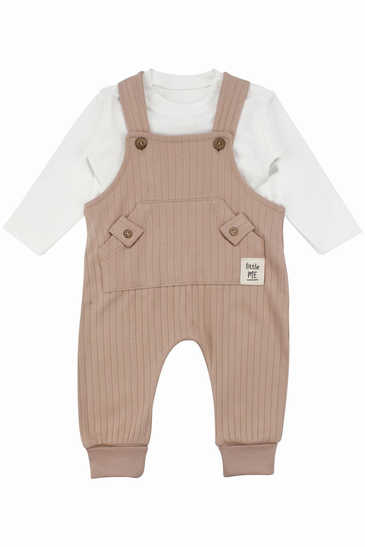 Erkek Bebek Kahve Çizgili Cepli Salopetli Badili Tulum