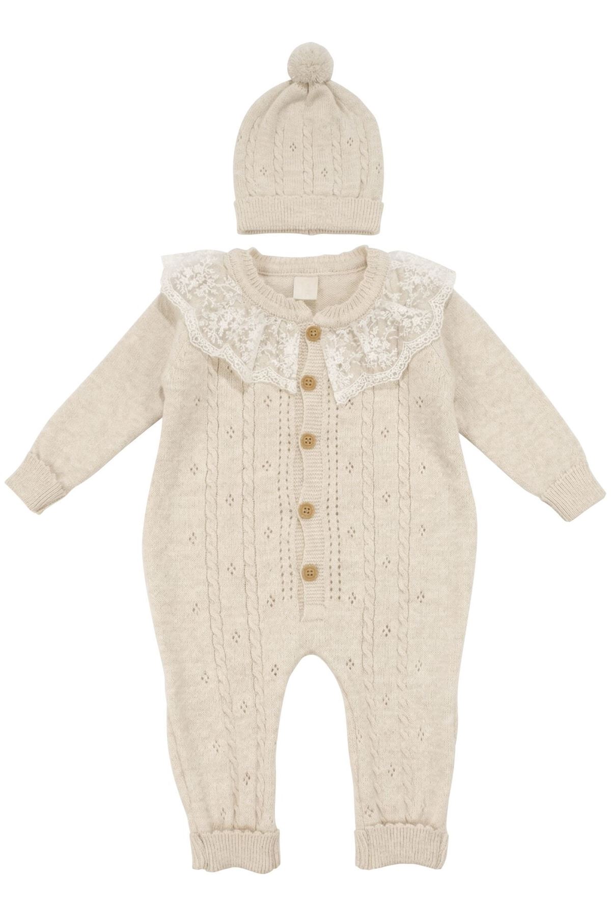 Kız Bebek Bej Fistolu Yakalı Bereli Triko Lüks Tulum