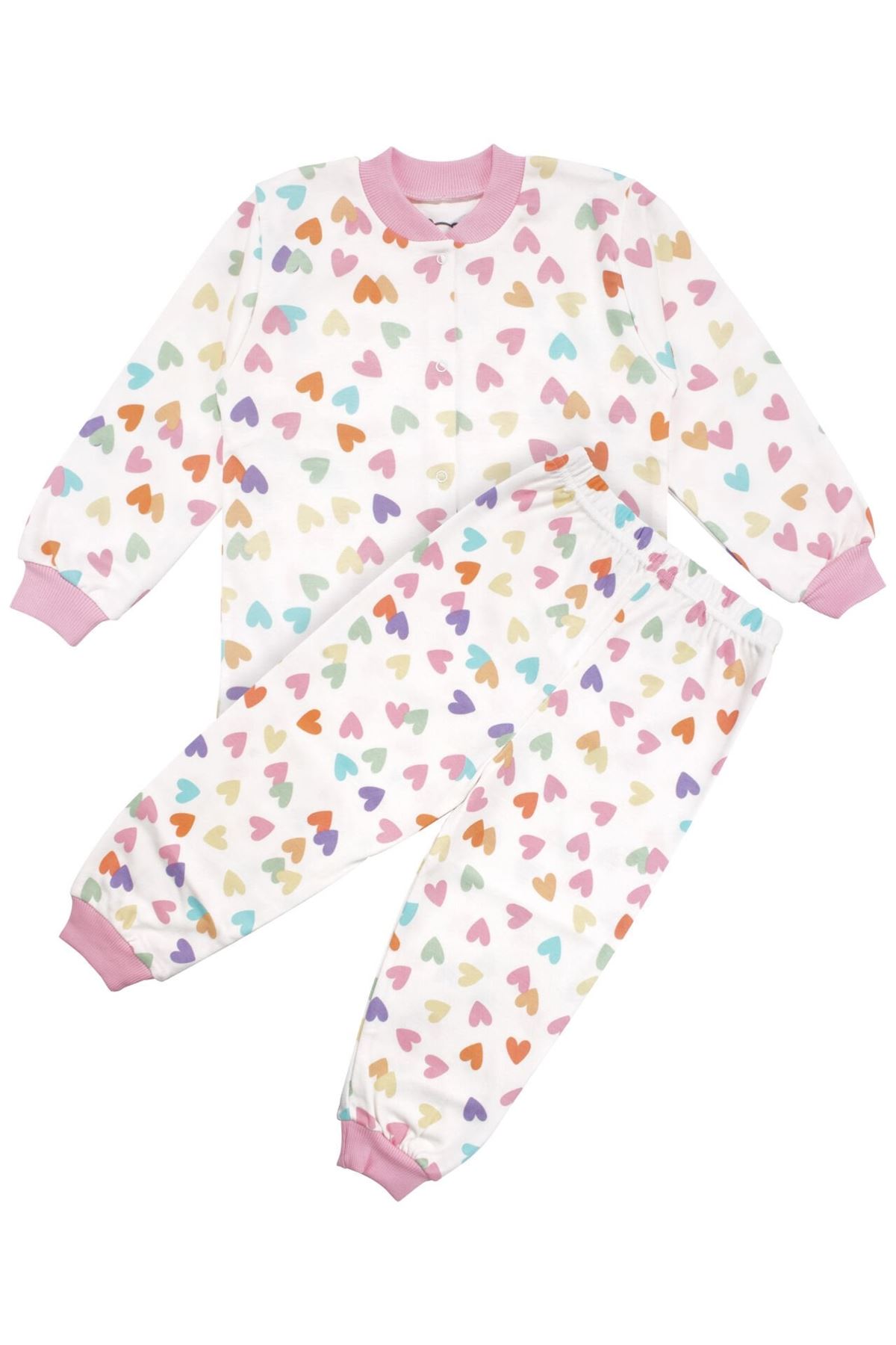 Kız Çocuk Ekru Pembe Renkli Kalpli Desenli Çıtçıtlı Pijama Takımı