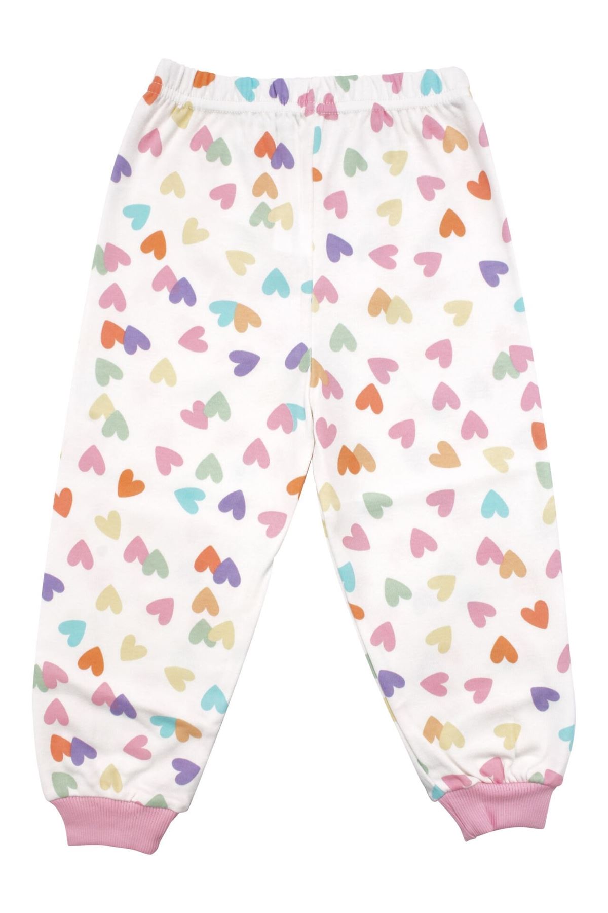 Kız Çocuk Ekru Pembe Renkli Kalpli Desenli Çıtçıtlı Pijama Takımı