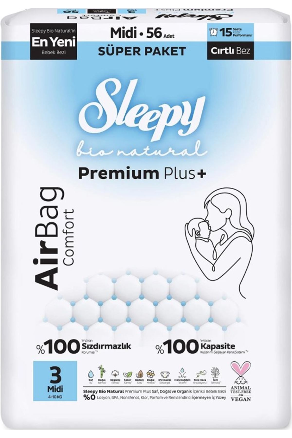 Sleepy Bio Natural Premium Plus Airbag Comfort Bebek Bezi 3 Beden 56 Adet