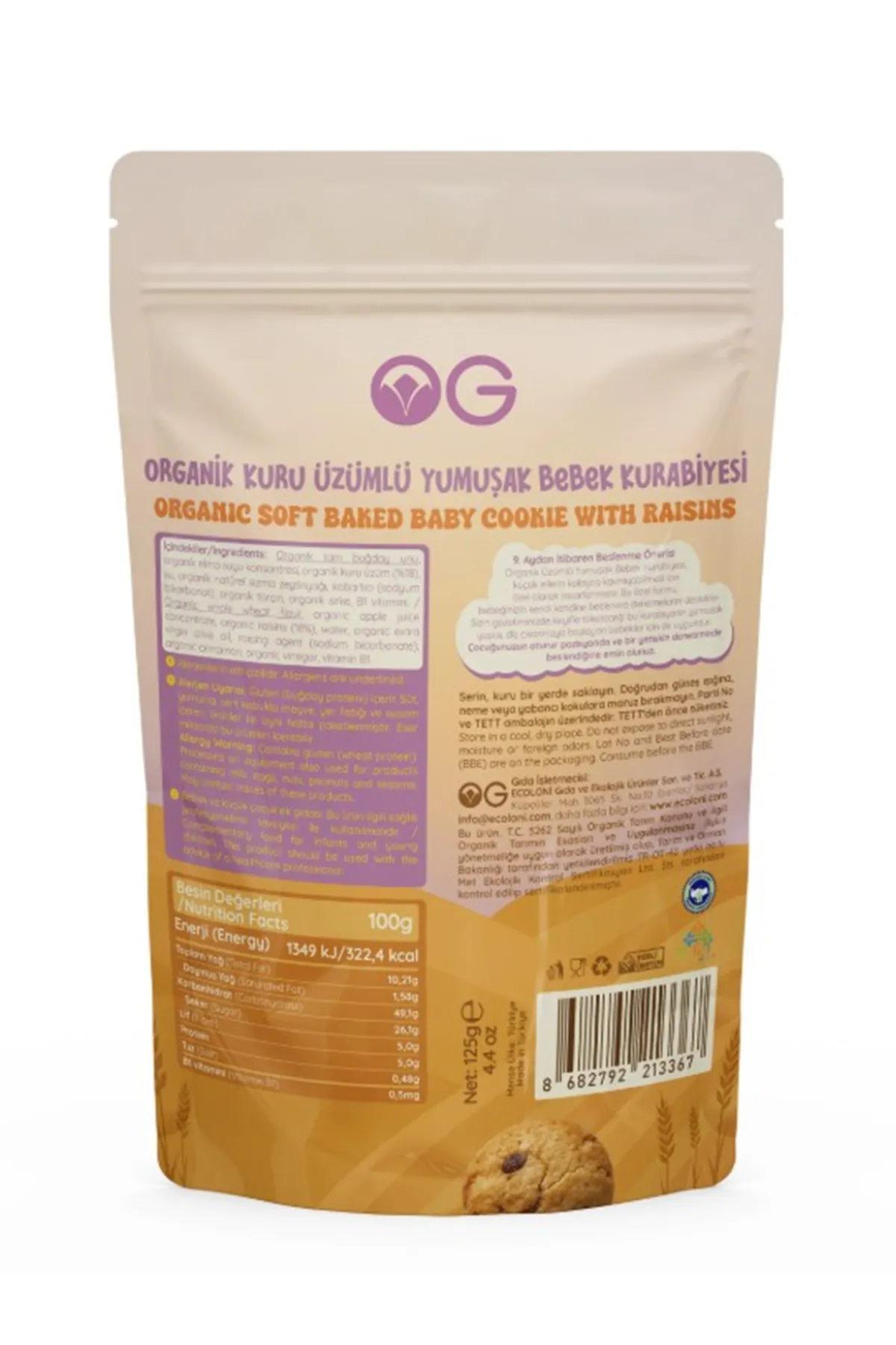 OG Natural Organik Kuru Üzümlü Yumuşak Bebek Kurabiyesi 125g
