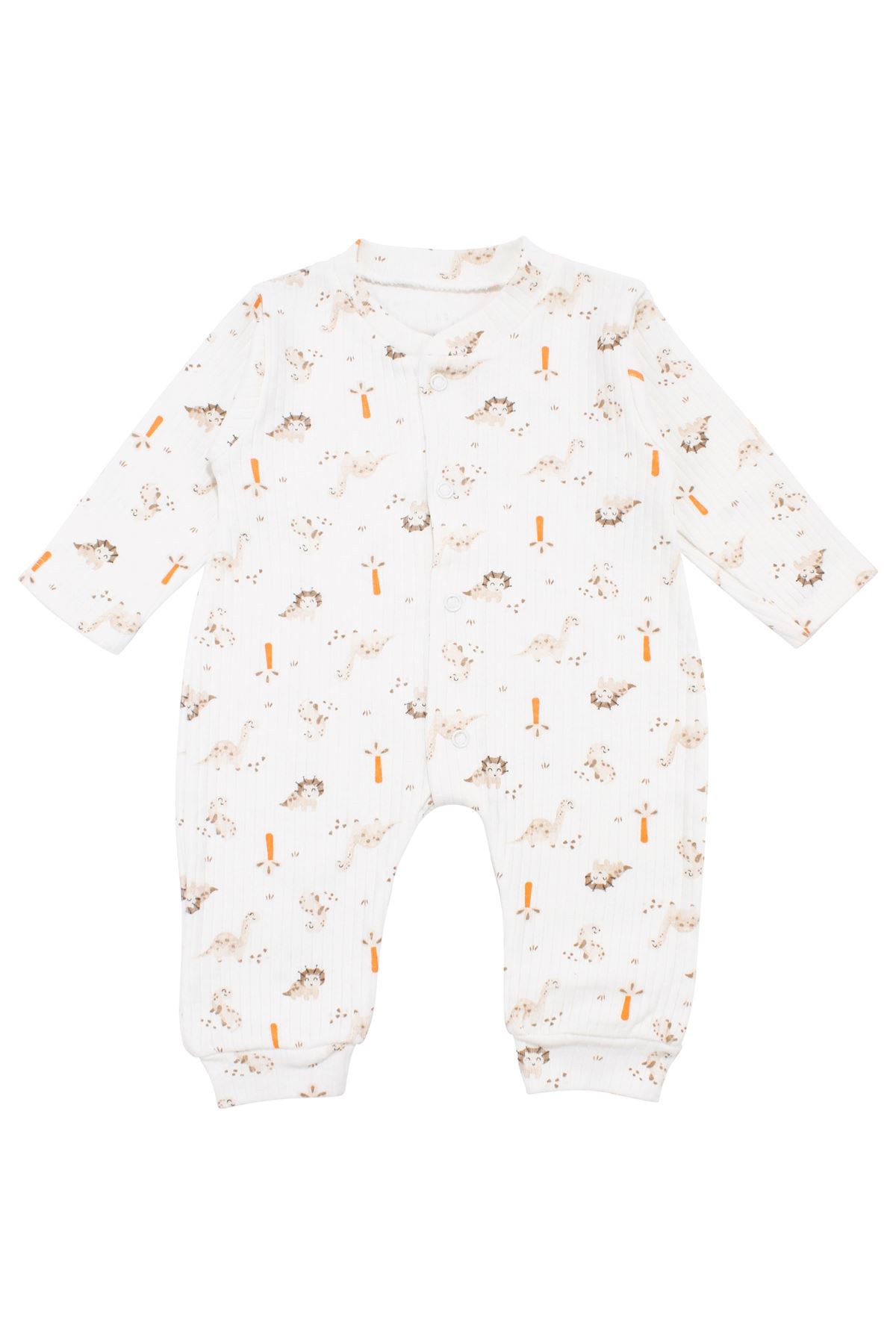 Erkek Bebek Ekru Dino Baskılı Çıtçıtlı Manşetli Tulum