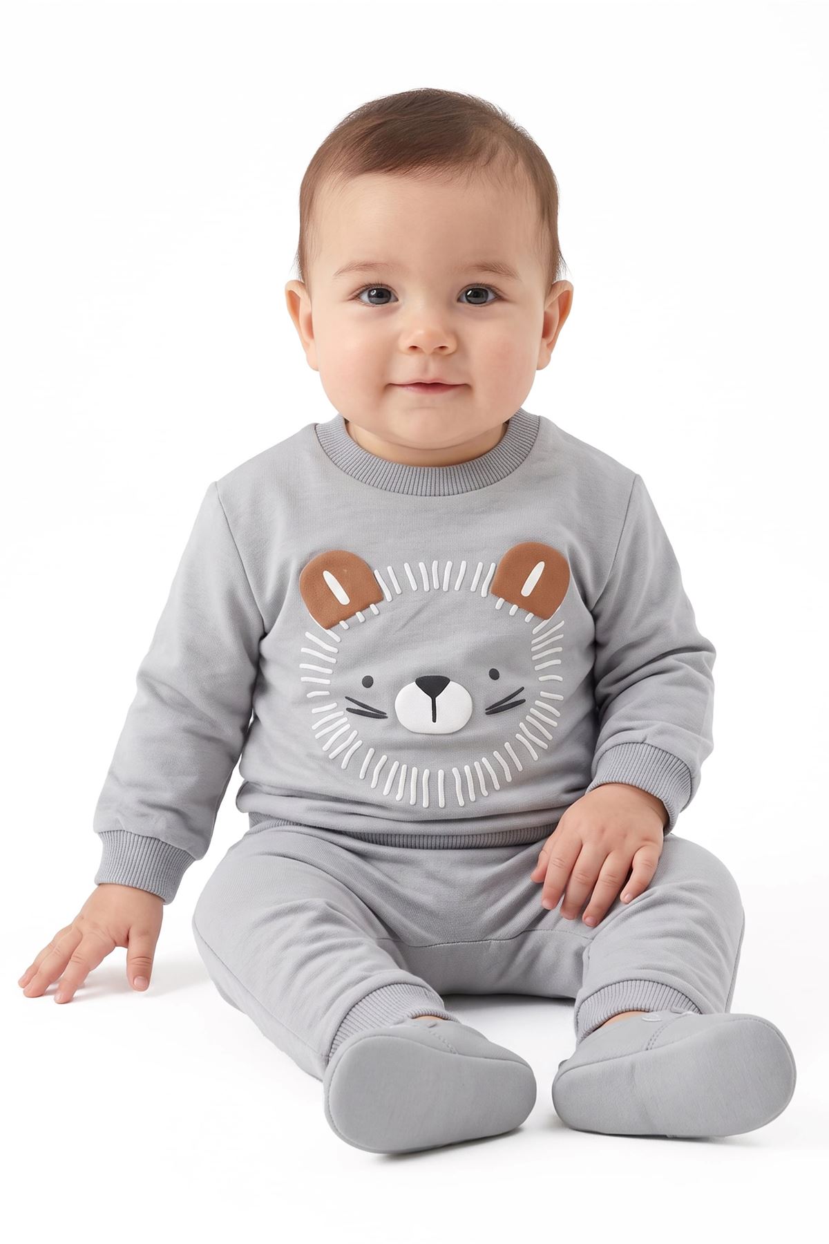 Erkek Bebek Gri Aslan Desenli 2'li Takım