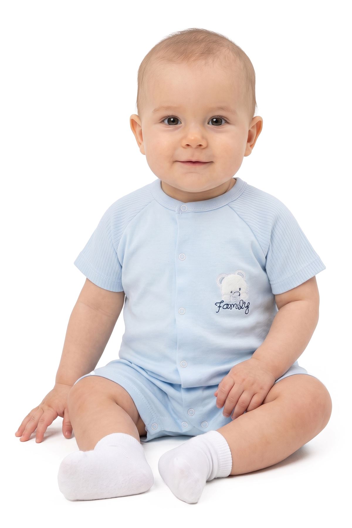 Erkek Bebek Bebe Mavisi Ayı Family Nakışlı Çıtçıtlı Şort Tulum