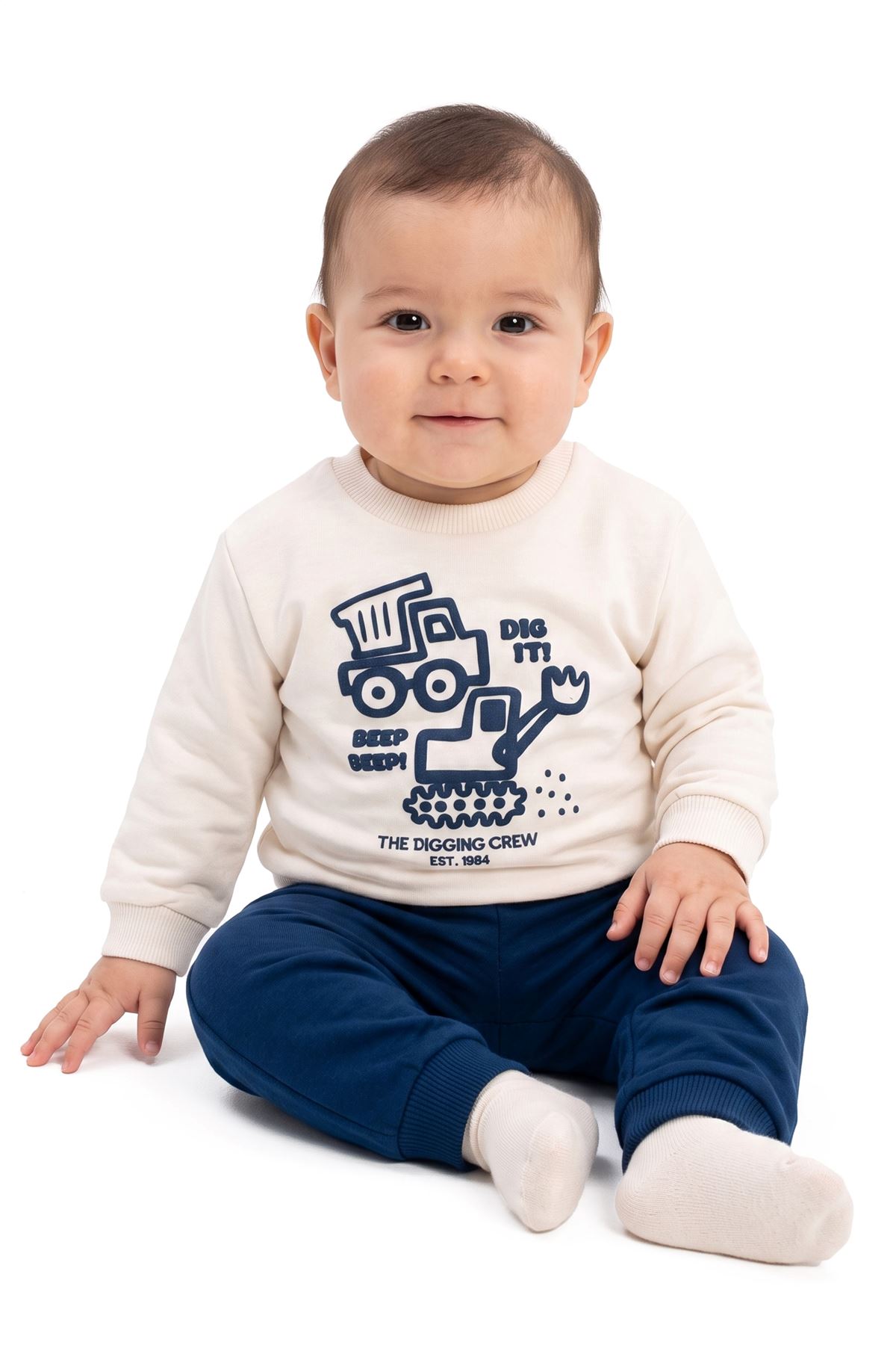 Erkek Bebek Ekru Laci Kepçe Baskılı 2'li Takım