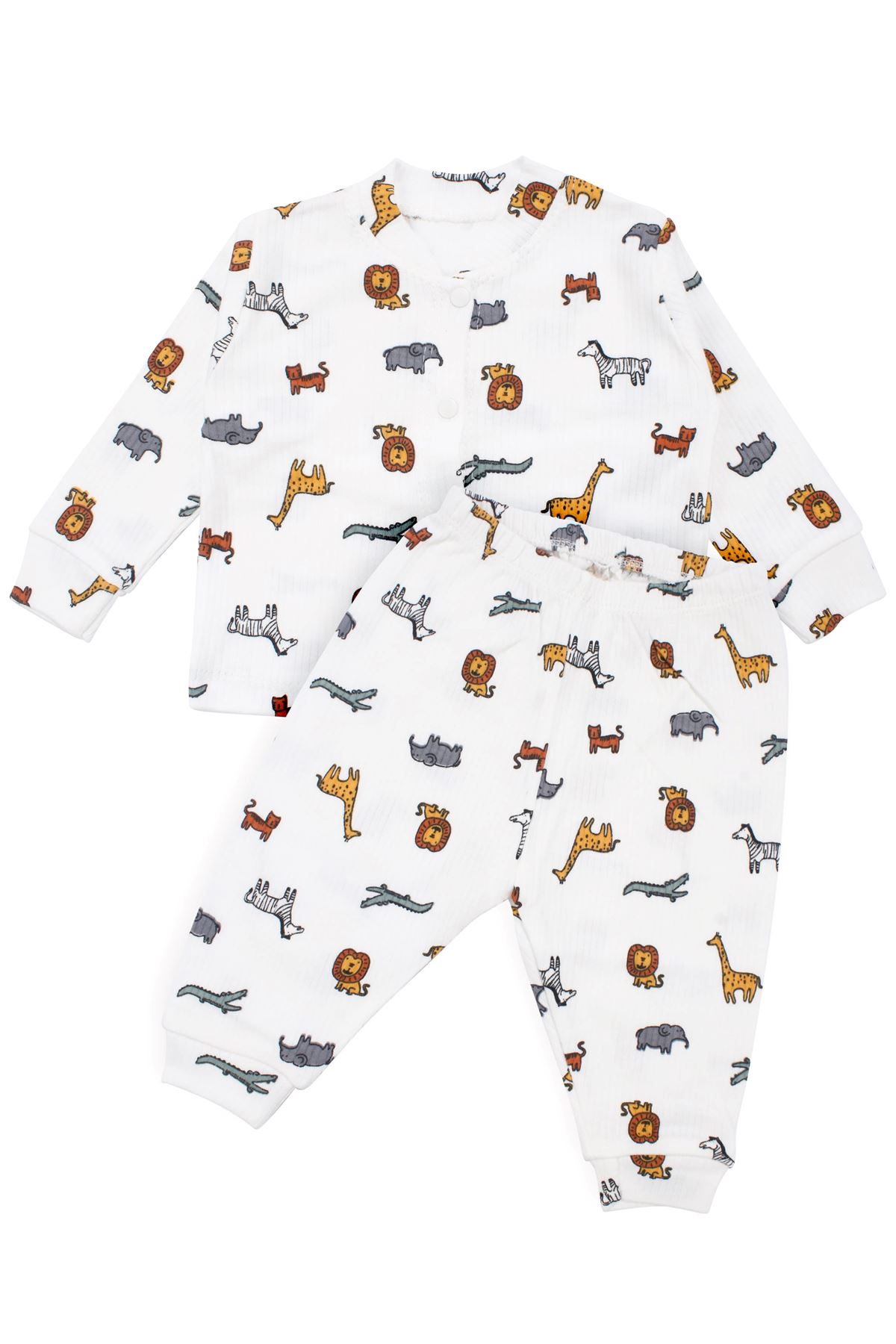 Erkek Bebek Ekru Renkli Hayvanlar Alemi Baskılı Çıtçıtlı Pijama Takımı