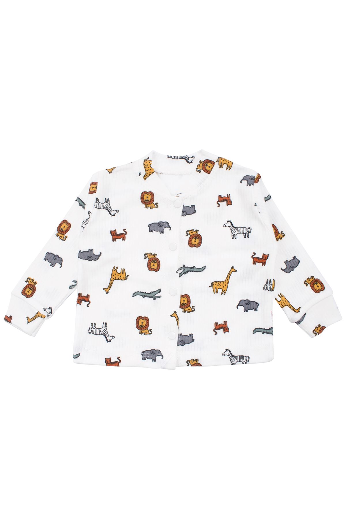 Erkek Bebek Ekru Renkli Hayvanlar Alemi Baskılı Çıtçıtlı Pijama Takımı
