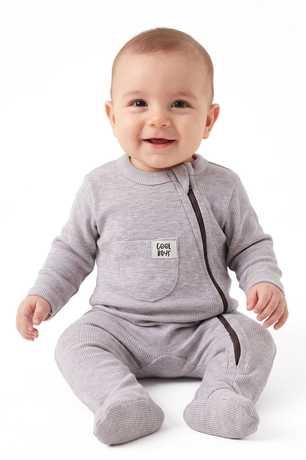 Erkek Bebek Cool Boys Gri Fermuarlı Tulum 0-3 Ay