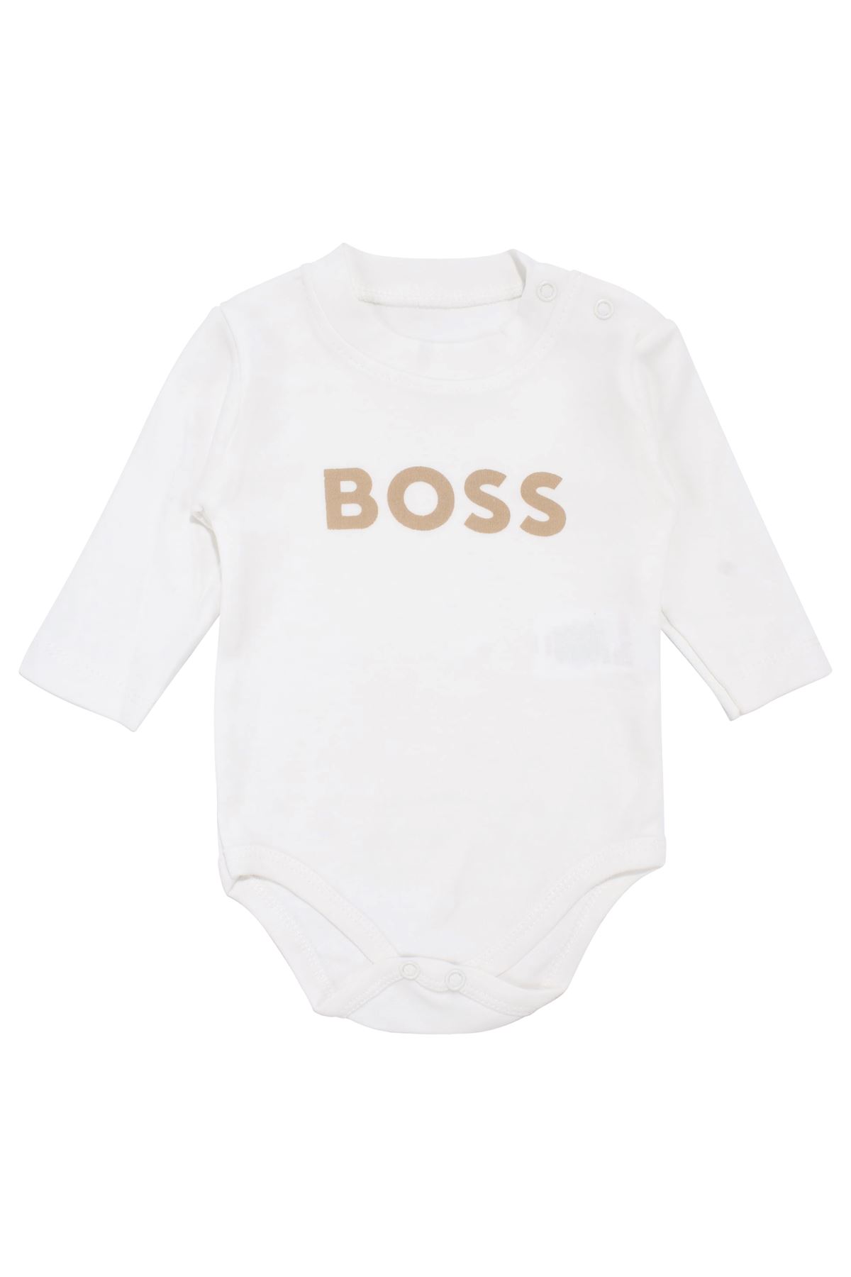 Erkek Bebek Ekru Bej Düğmeli Hırkalı Boss Nakışlı 3'lü Takım