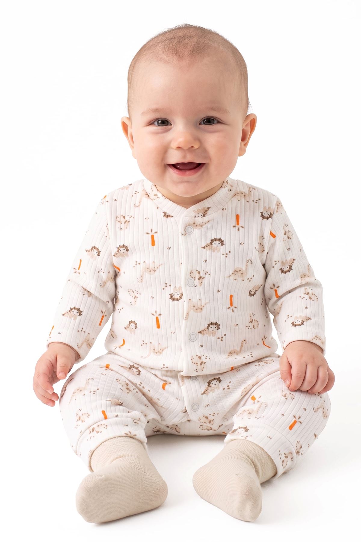 Erkek Bebek Ekru Dino Baskılı Çıtçıtlı Manşetli Tulum