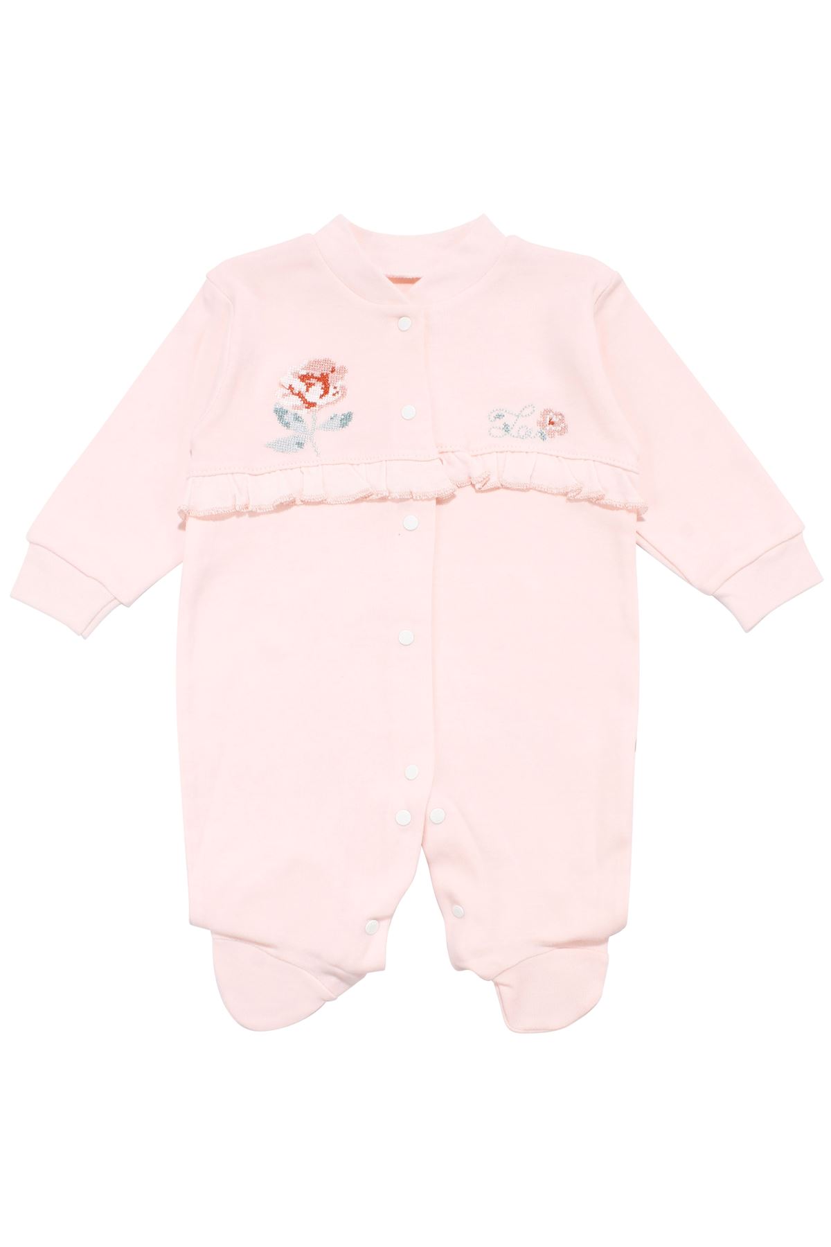 Kız Bebek Ekru Somon Gül Nakışlı Kanaviçe Çıtçıtlı Patikli Tulum