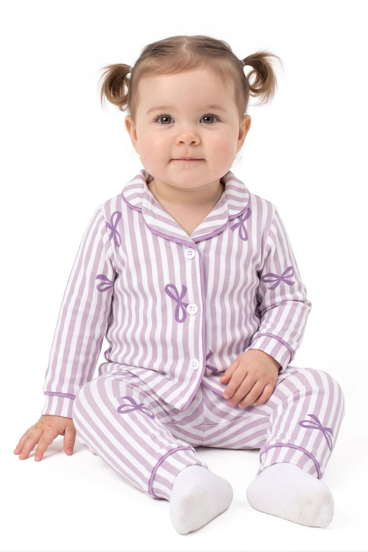 Kız Bebek Beyaz Lila Fiyonklu Çizgili Pijama Takımı