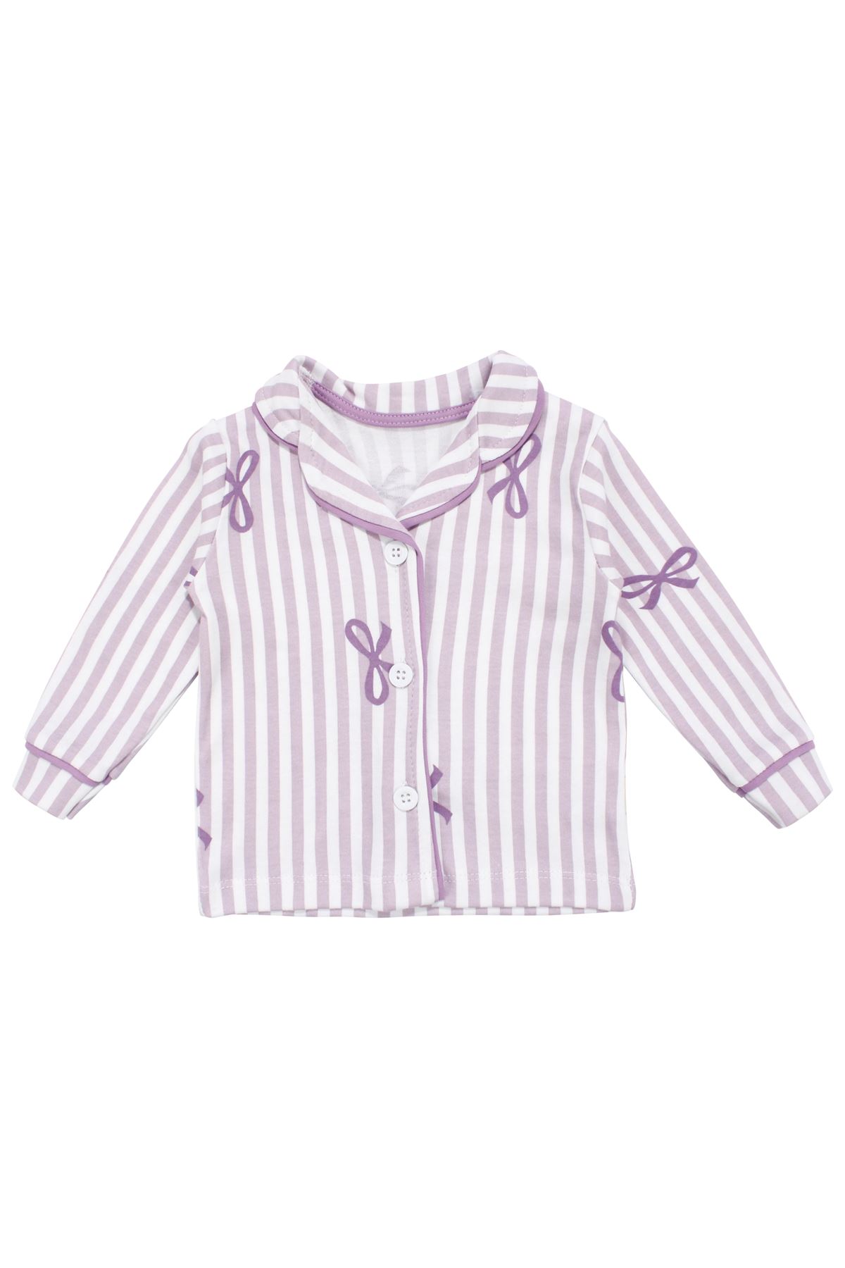 Kız Bebek Beyaz Lila Fiyonklu Çizgili Pijama Takımı